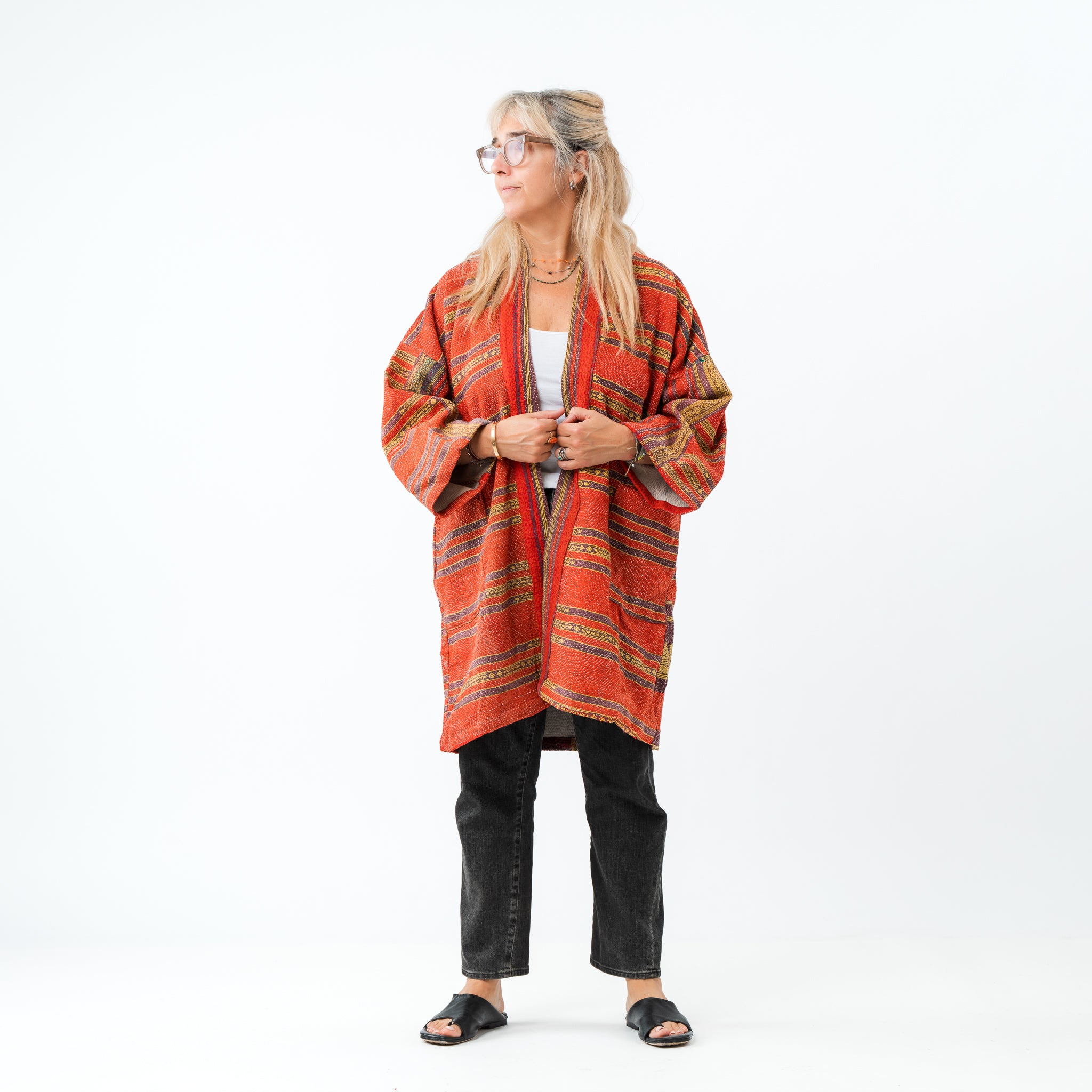 Upcycled Kantha Coat Distressed Red with Gold 