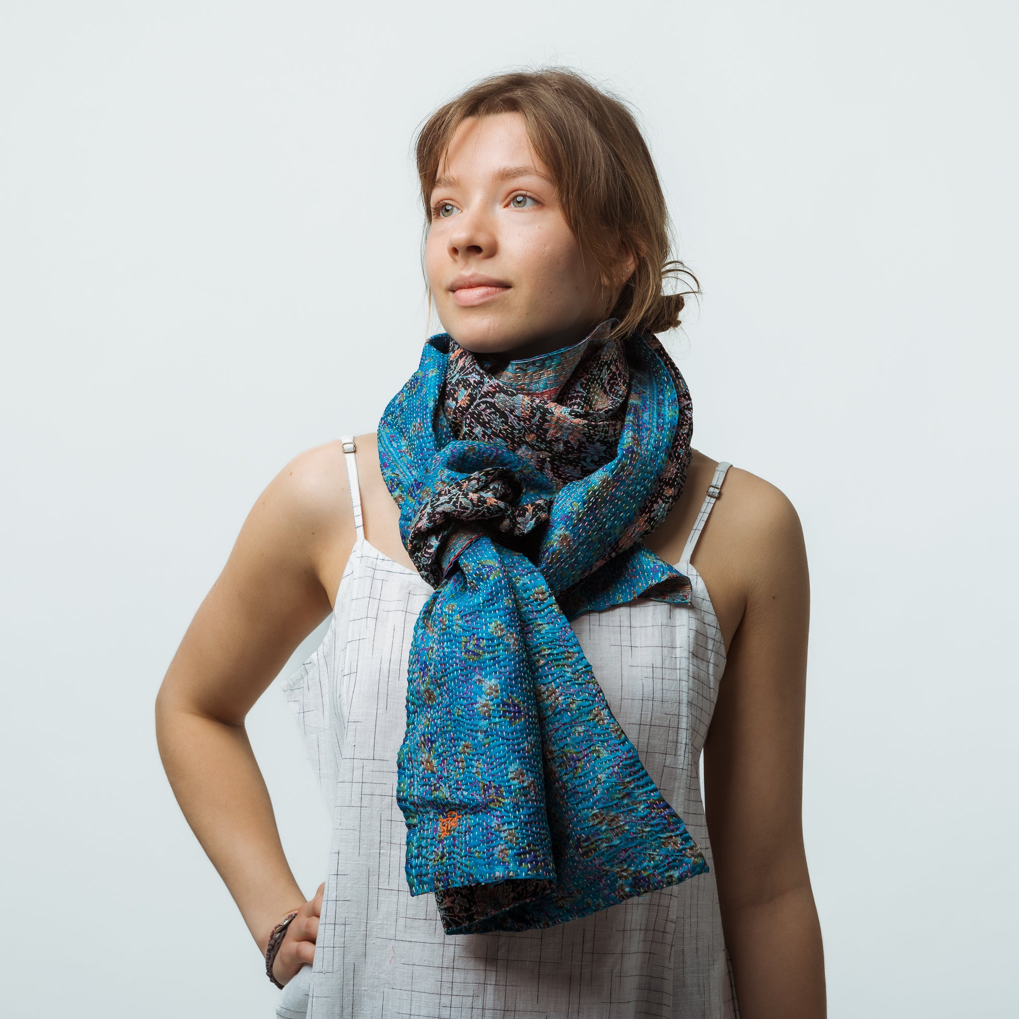 Upcycled Silk Saris Scarf Turquoise 