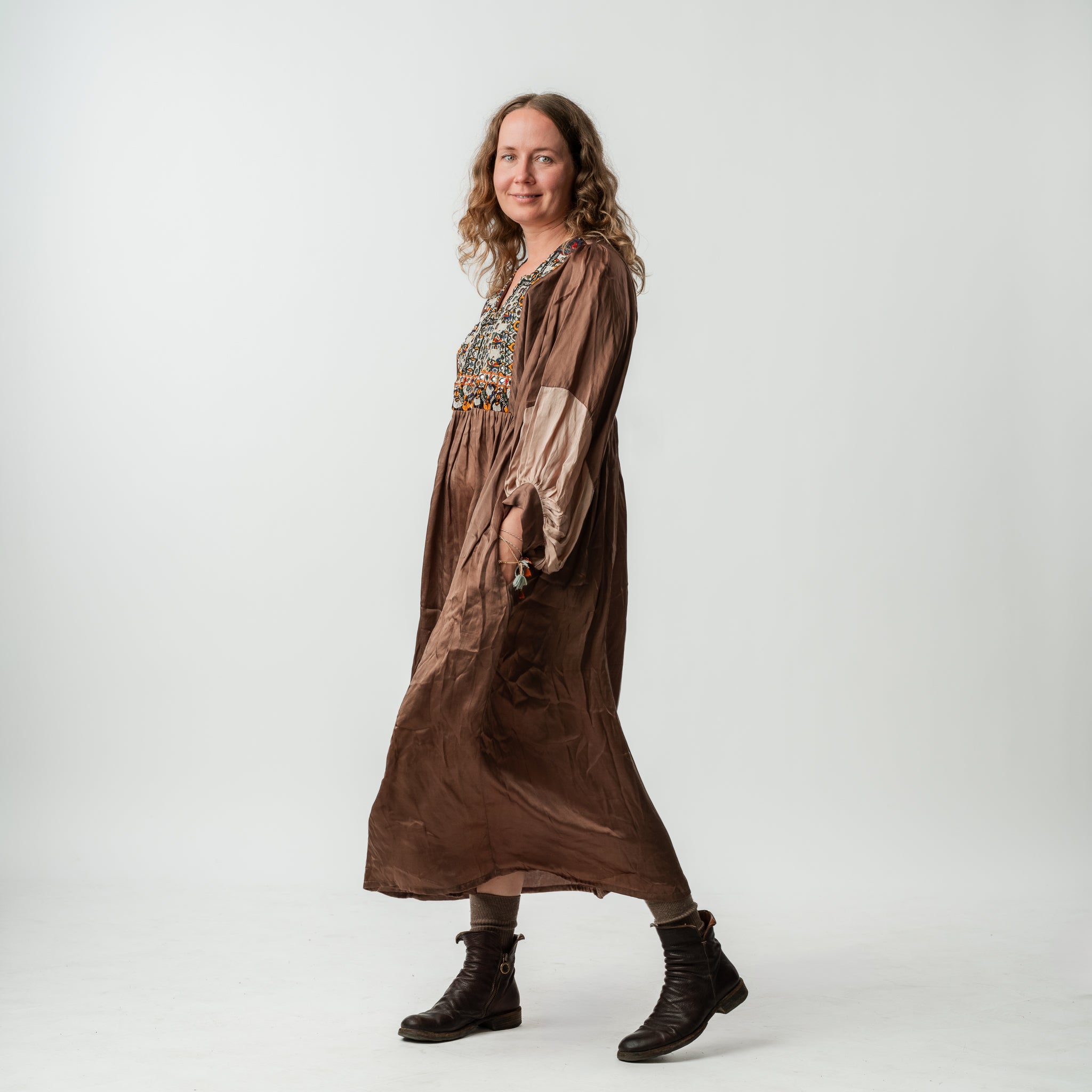 Vintage Bibbed Brown Satin Maxi 