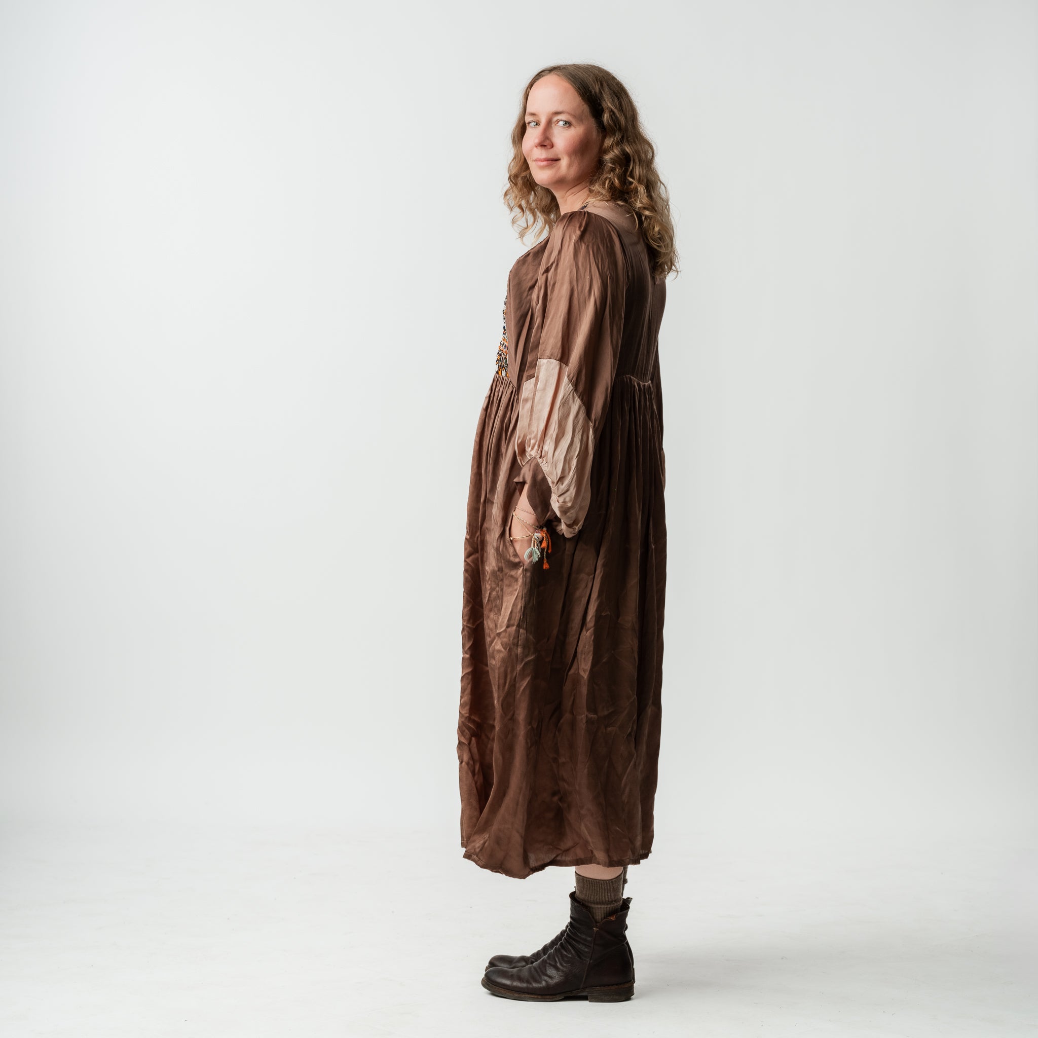 Vintage Bibbed Brown Satin Maxi 