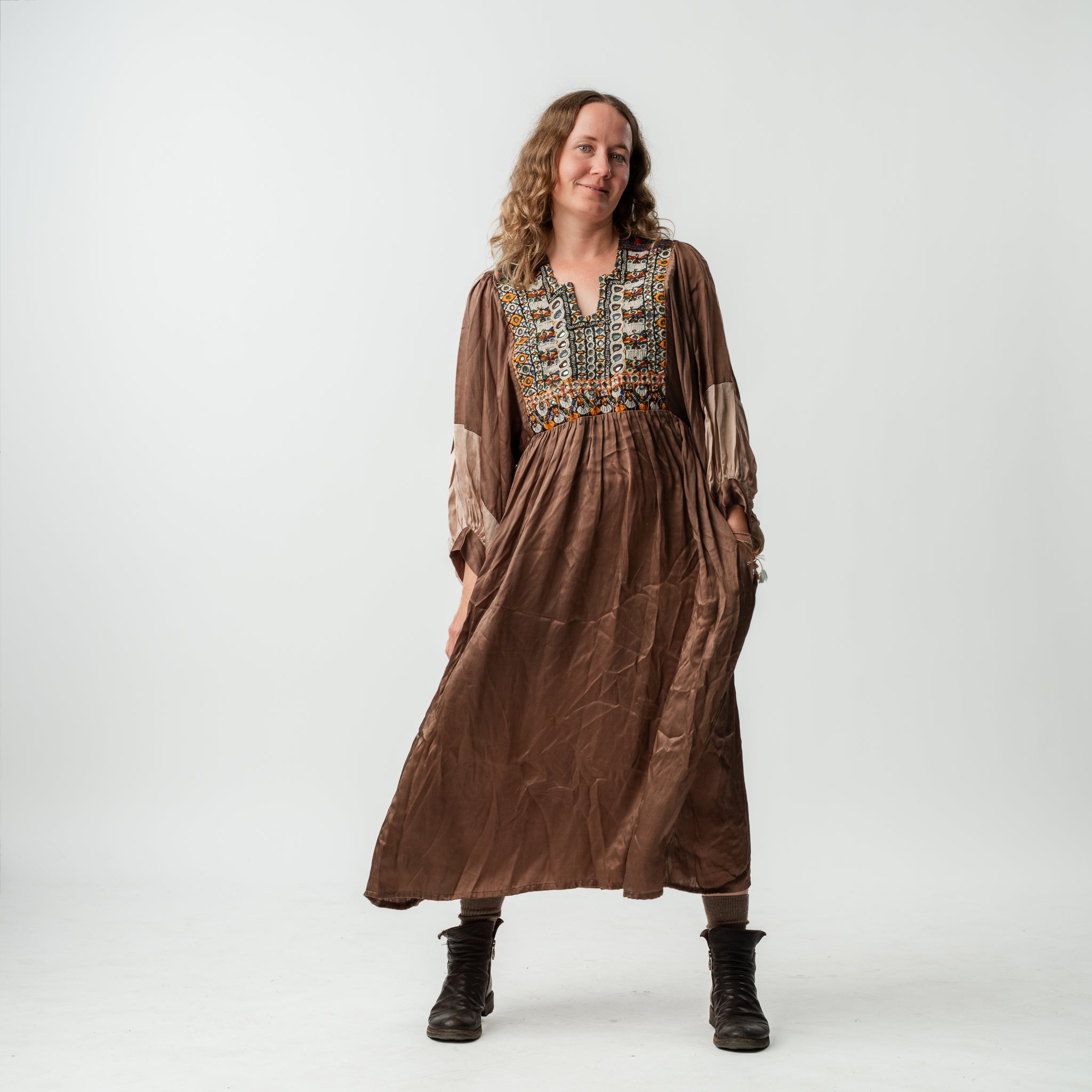 Vintage Bibbed Brown Satin Maxi 