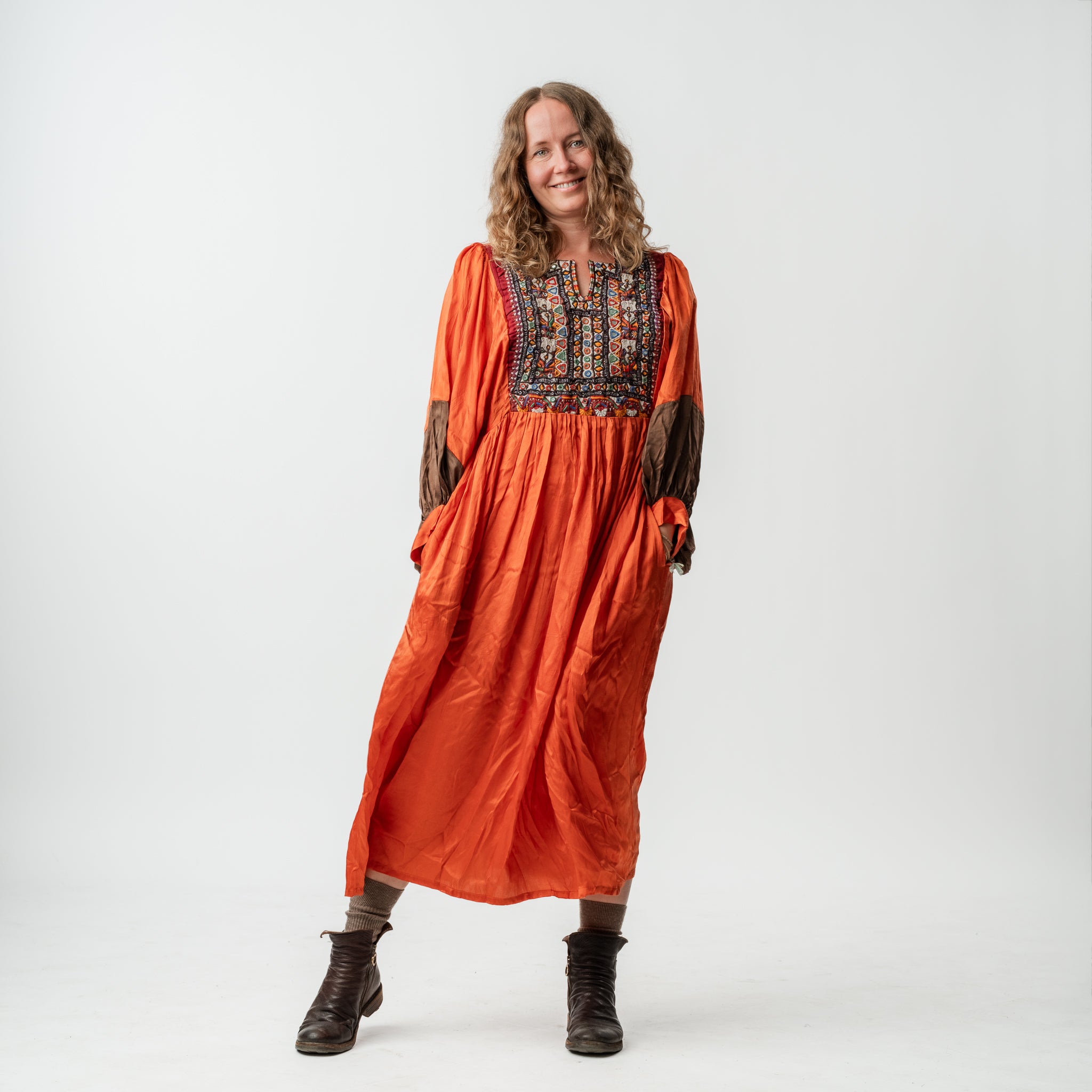 Vintage Bibbed Burnt Orange Satin Maxi 