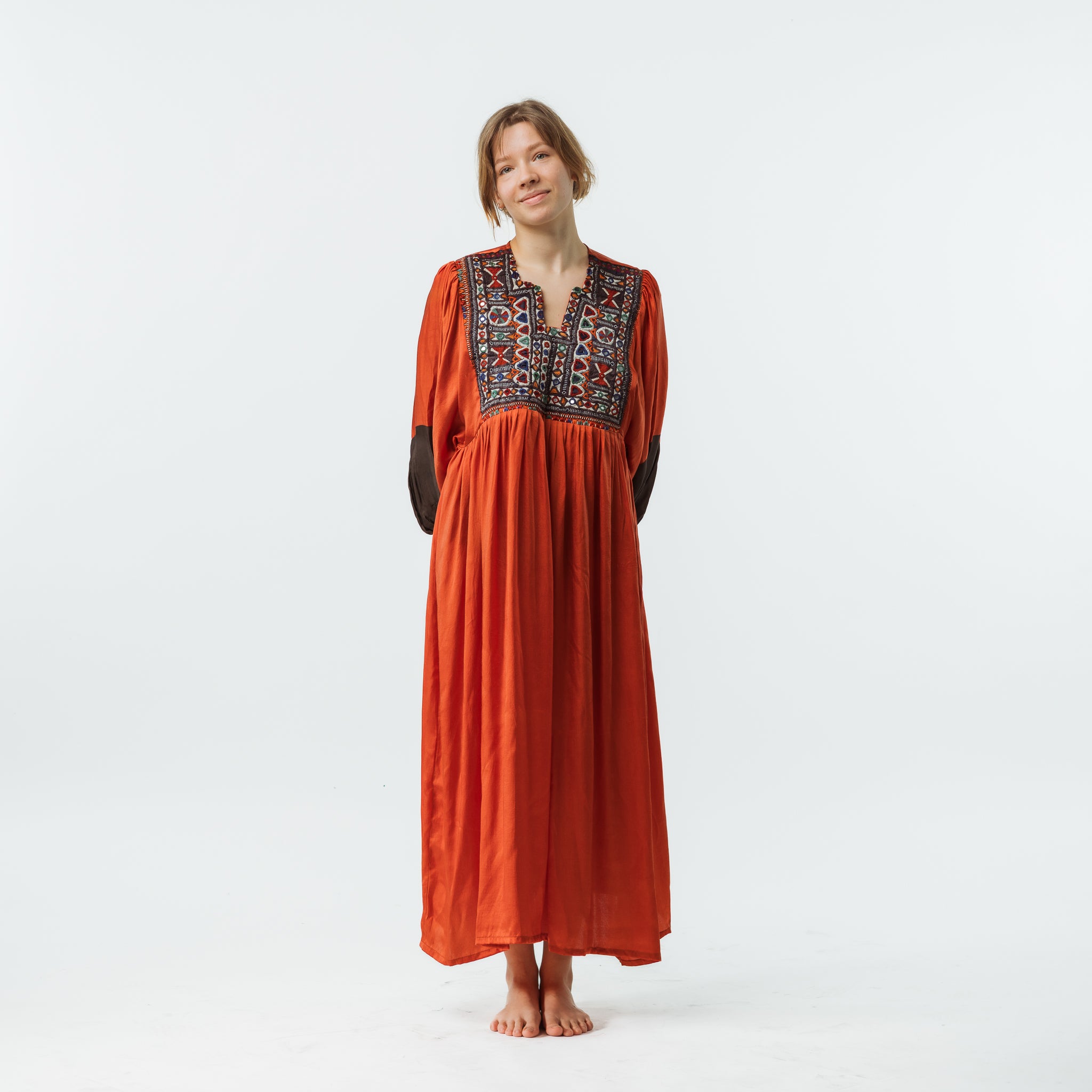Vintage Bibbed Burnt Orange Satin Maxi with Brown Sleeves 