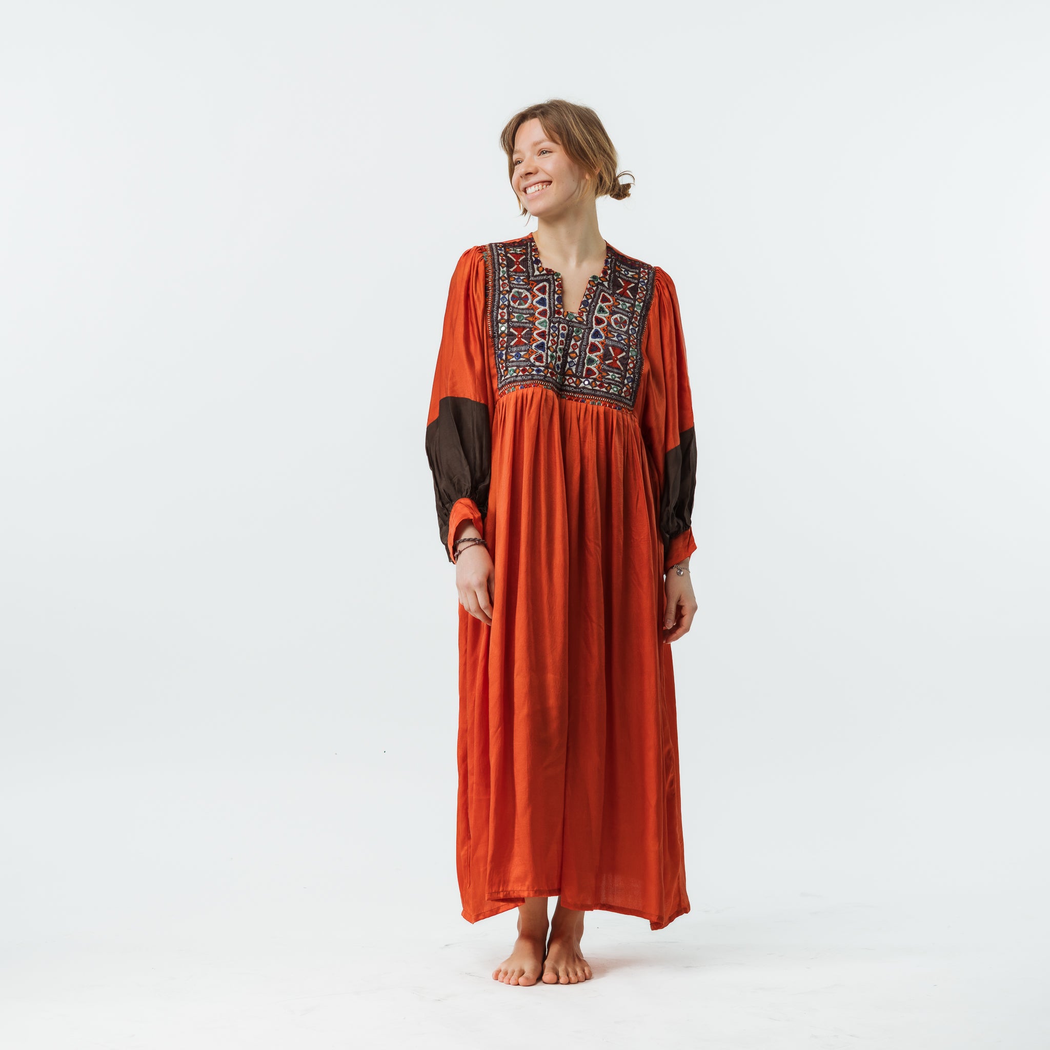 Vintage Bibbed Burnt Orange Satin Maxi with Brown Sleeves 