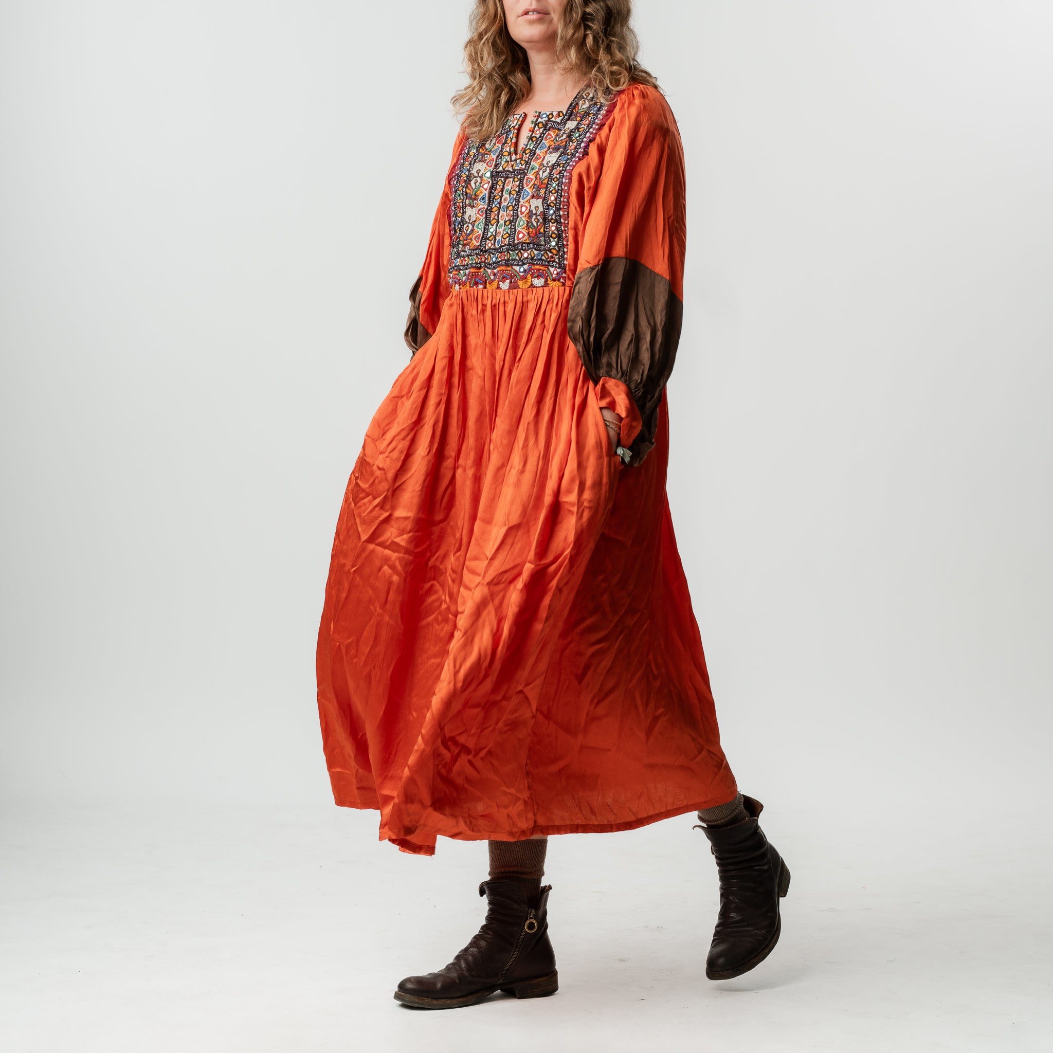Vintage Bibbed Burnt Orange Satin Maxi 