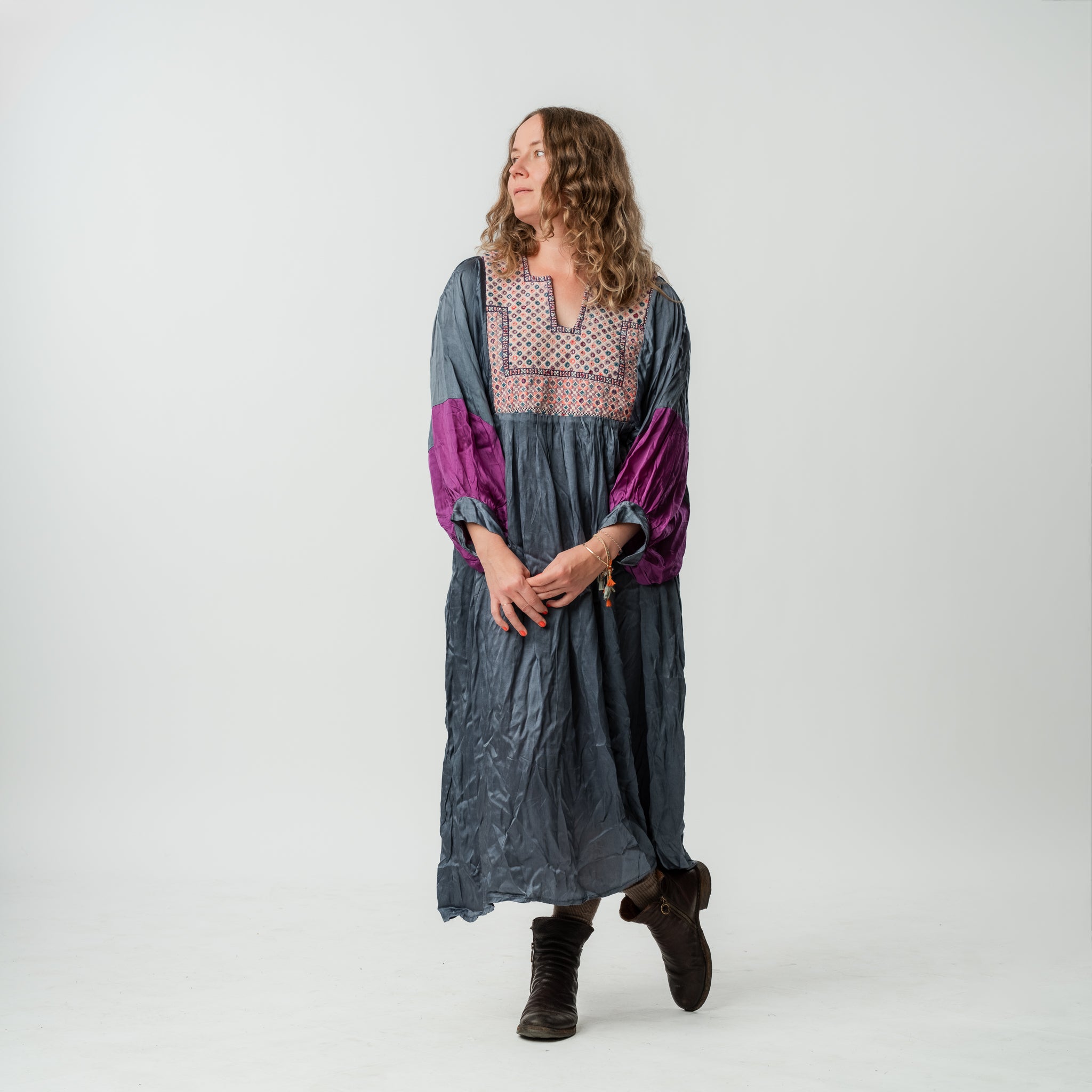 Vintage Bibbed Grey Satin Maxi 