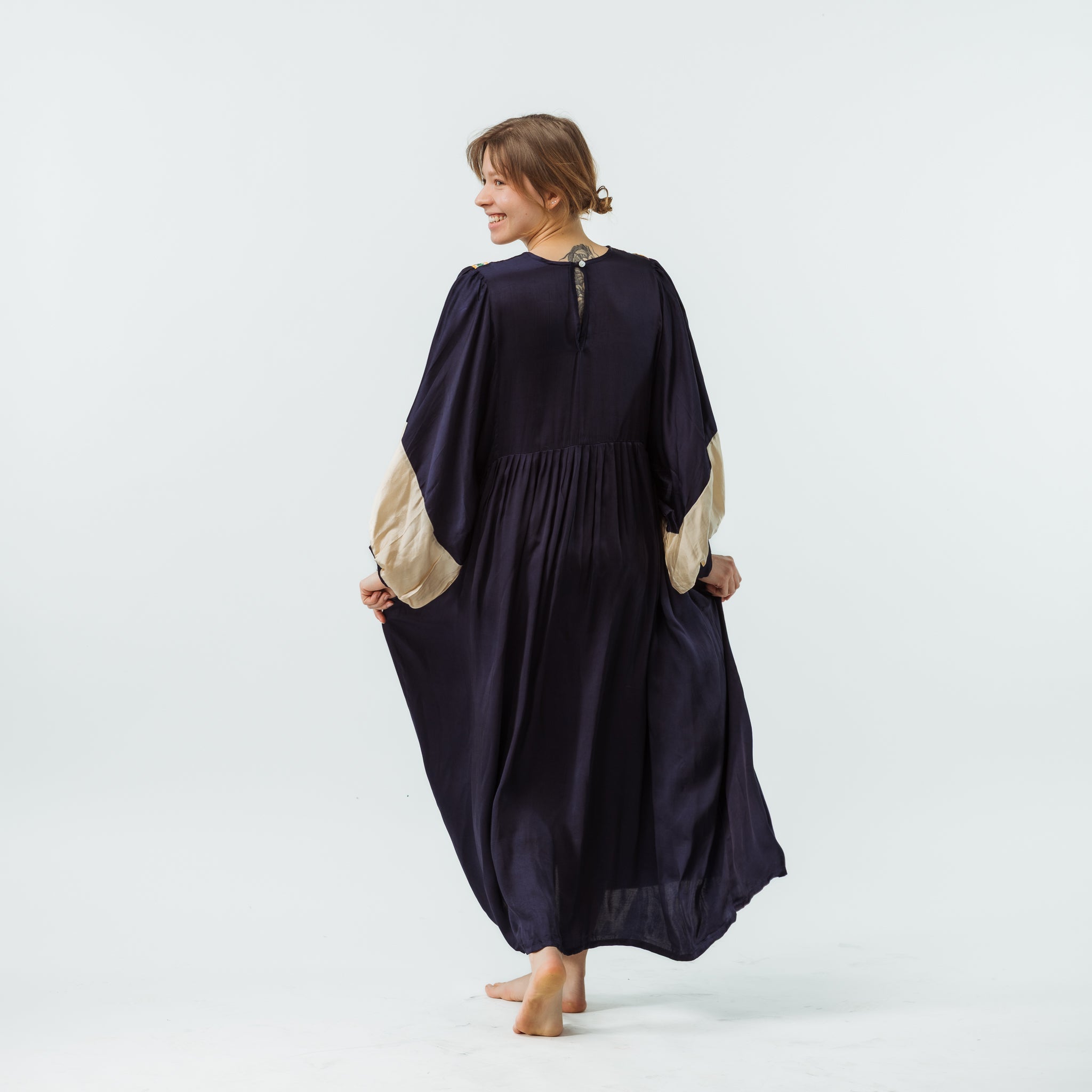 Vintage Bibbed Navy Satin Maxi with Beige Sleeves 