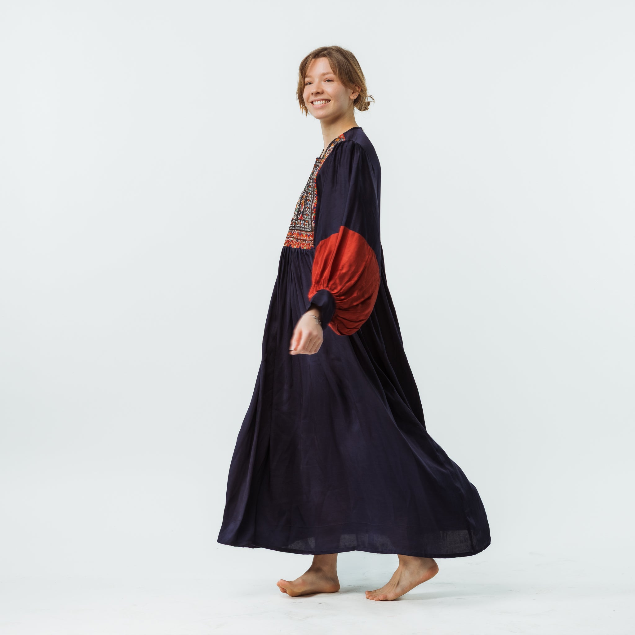 Vintage Bibbed Navy Satin Maxi with Maroon Sleeves 