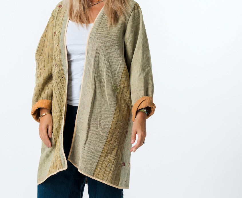 Vintage Kantha Car Coat Beige 