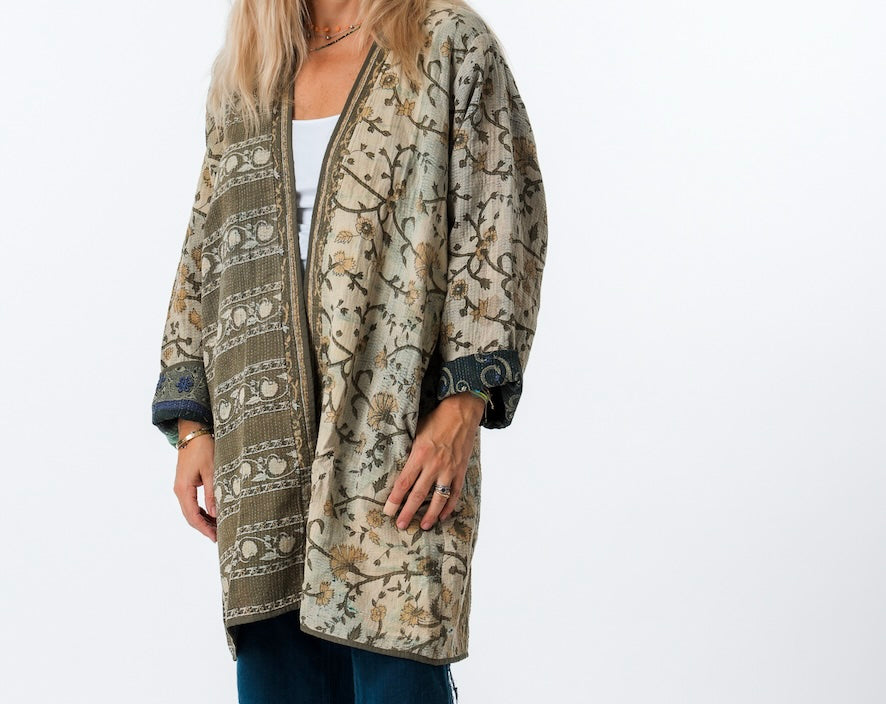 Vintage Kantha Car Coat Olive Green 