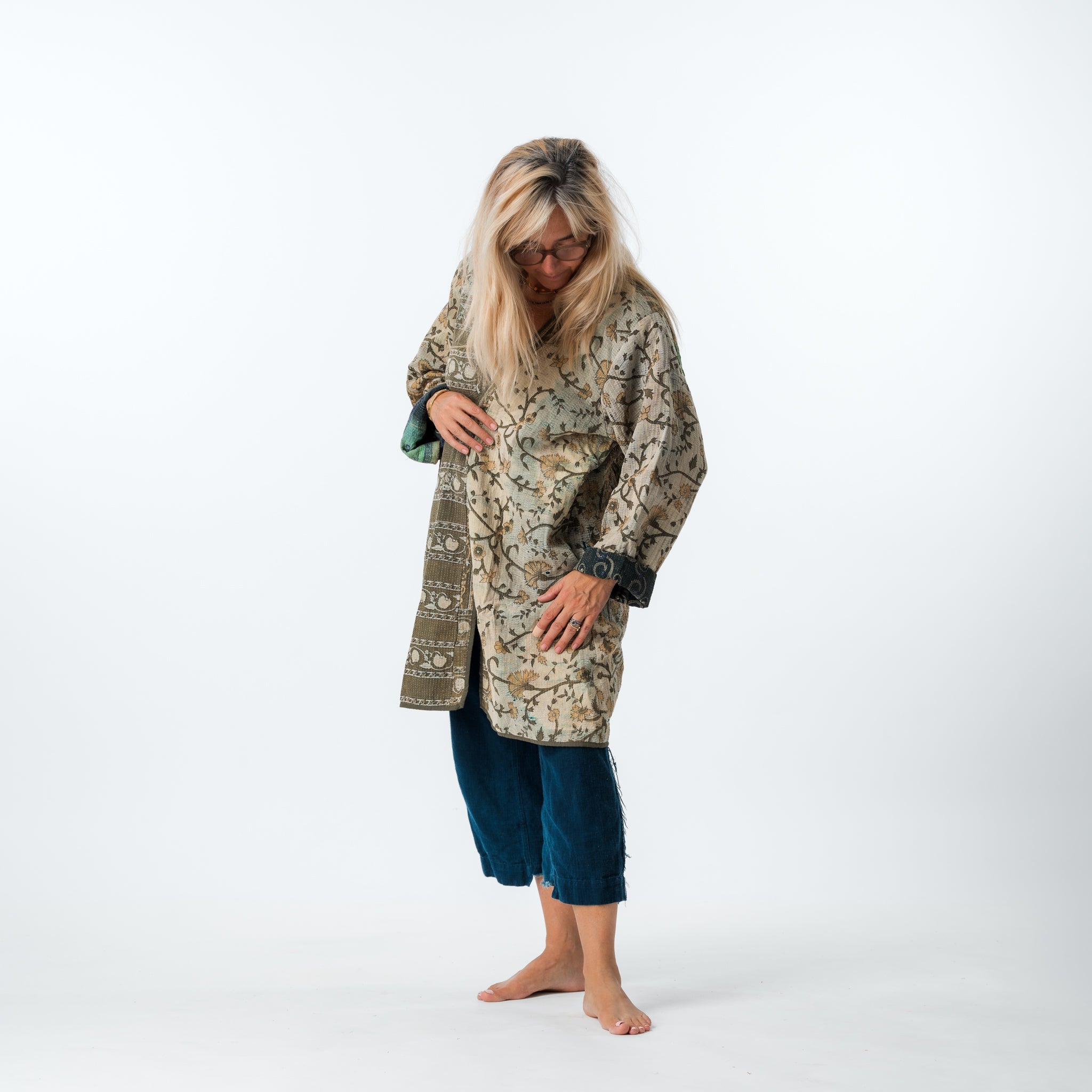 Vintage Kantha Car Coat Olive Green 