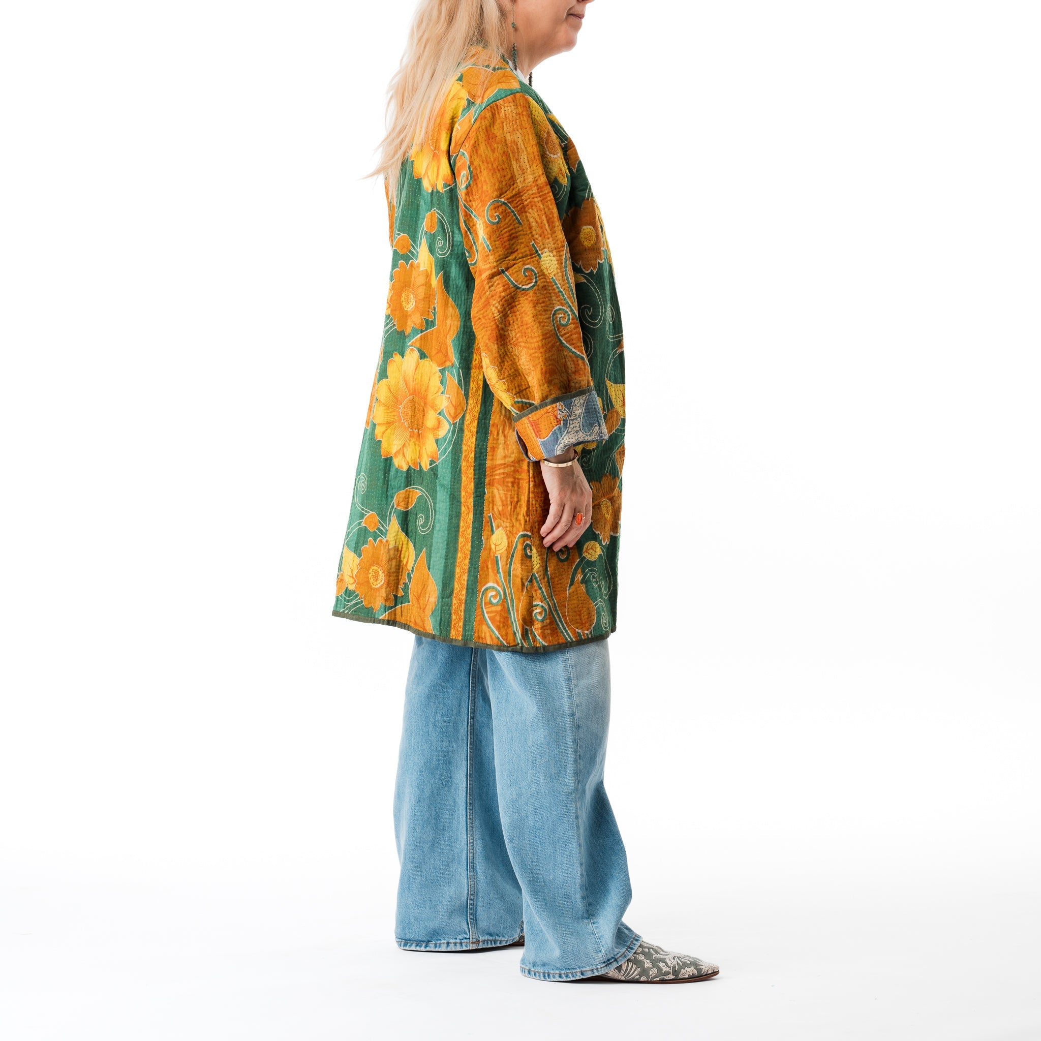 Vintage Kantha Car Coat Sunflowers 