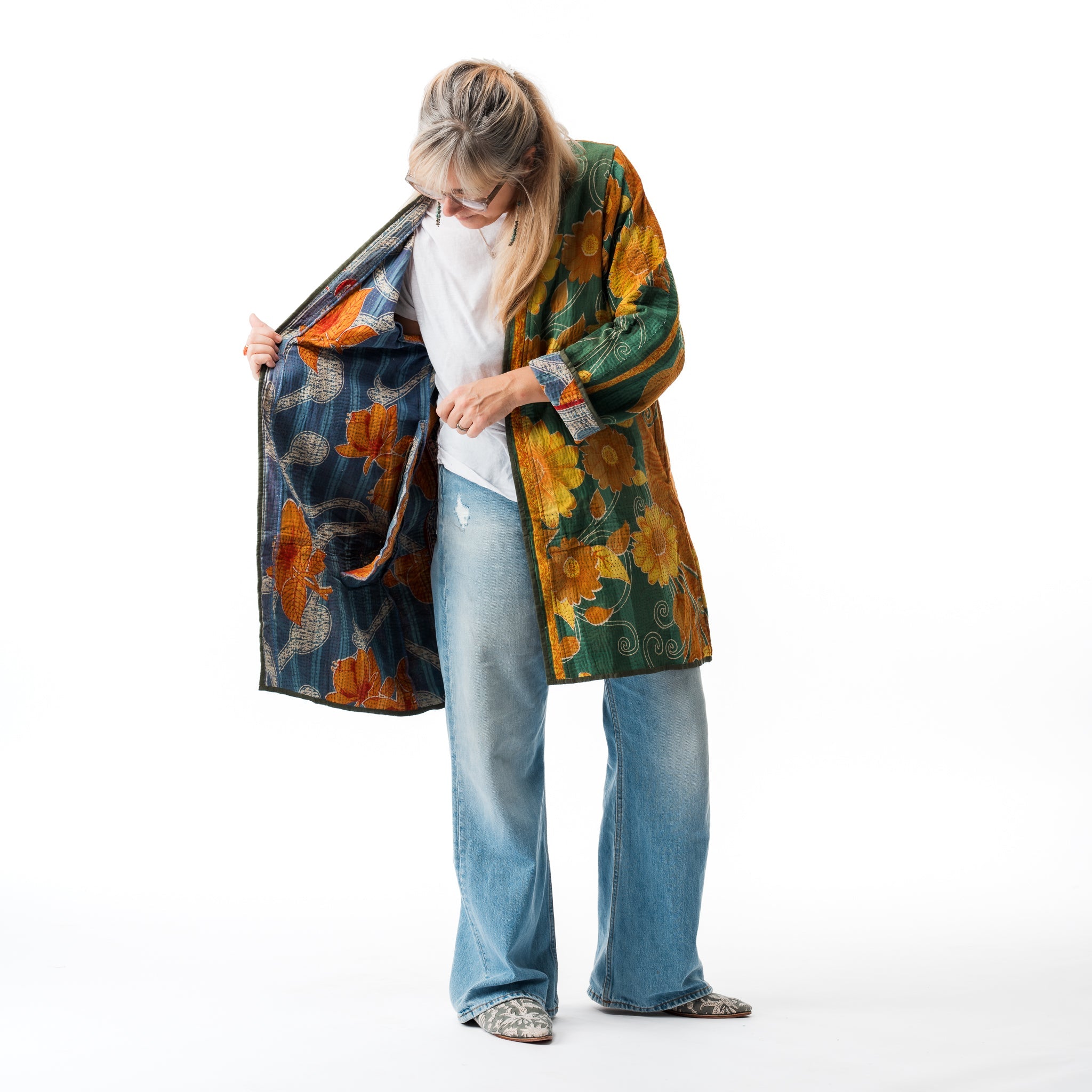 Vintage Kantha Car Coat Sunflowers 