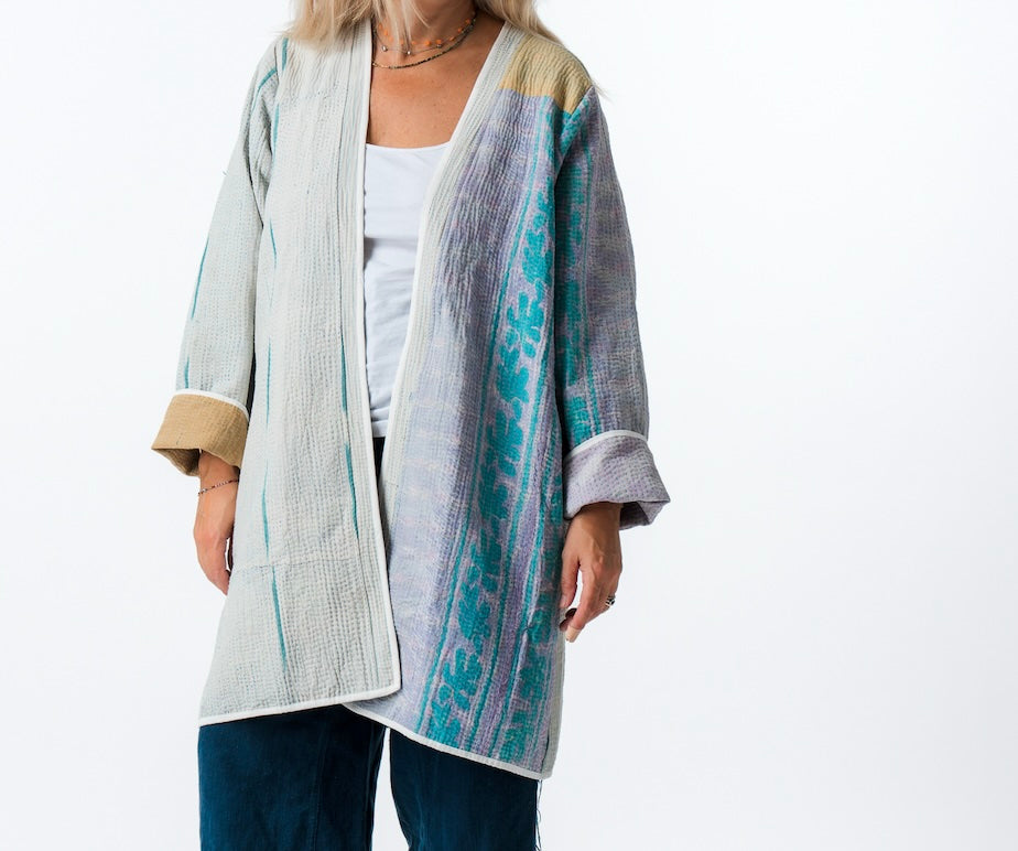 Vintage Kantha Car Coat in Pastels 