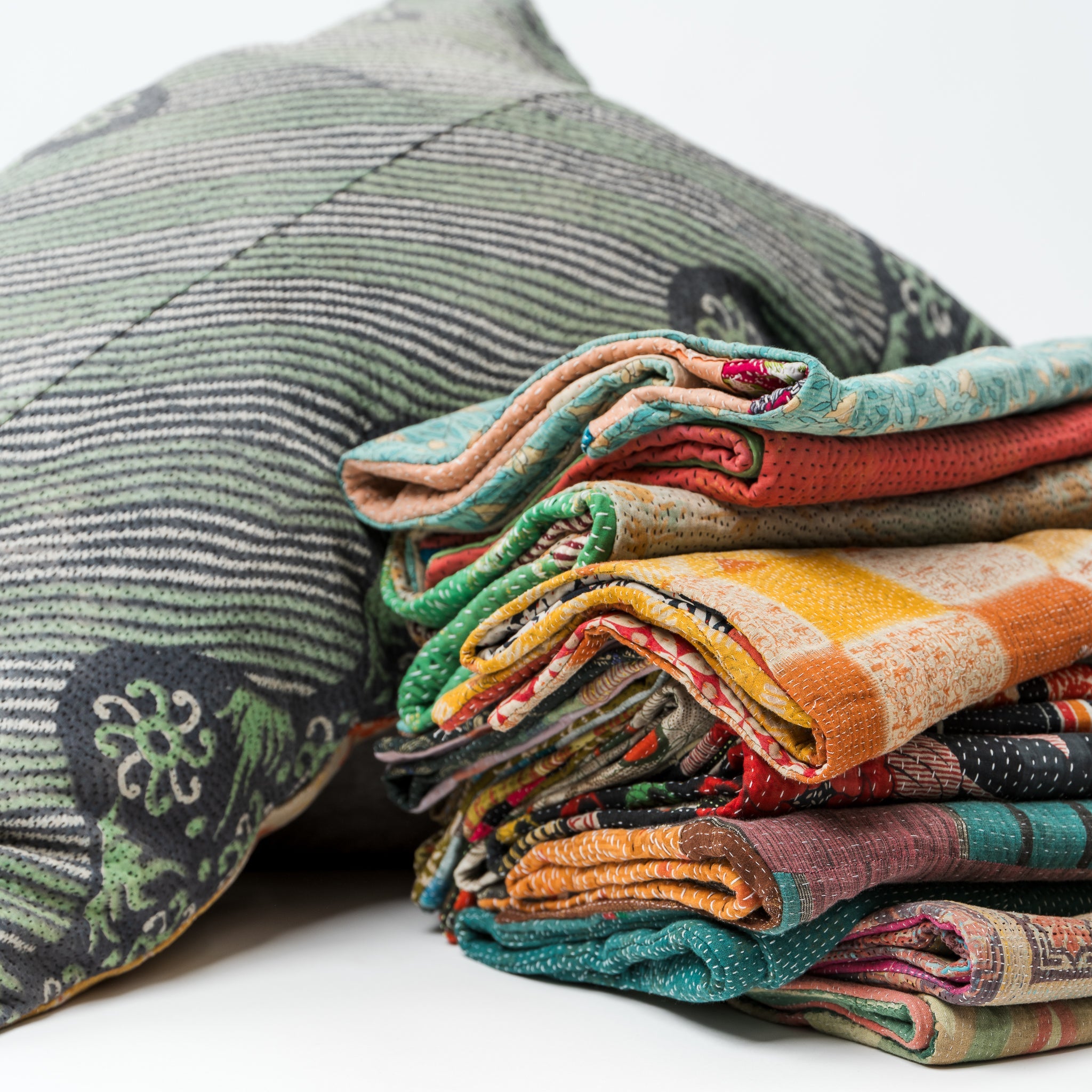 Vintage Kantha Lounge Pillow Black and Greens 