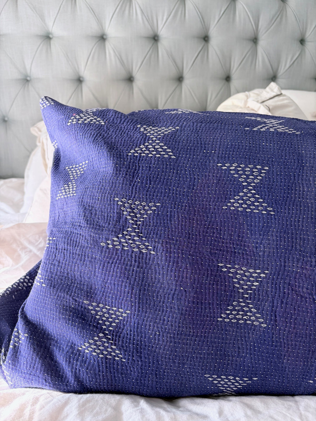 Vintage Kantha Lounge Pillow Embroidered Blue 