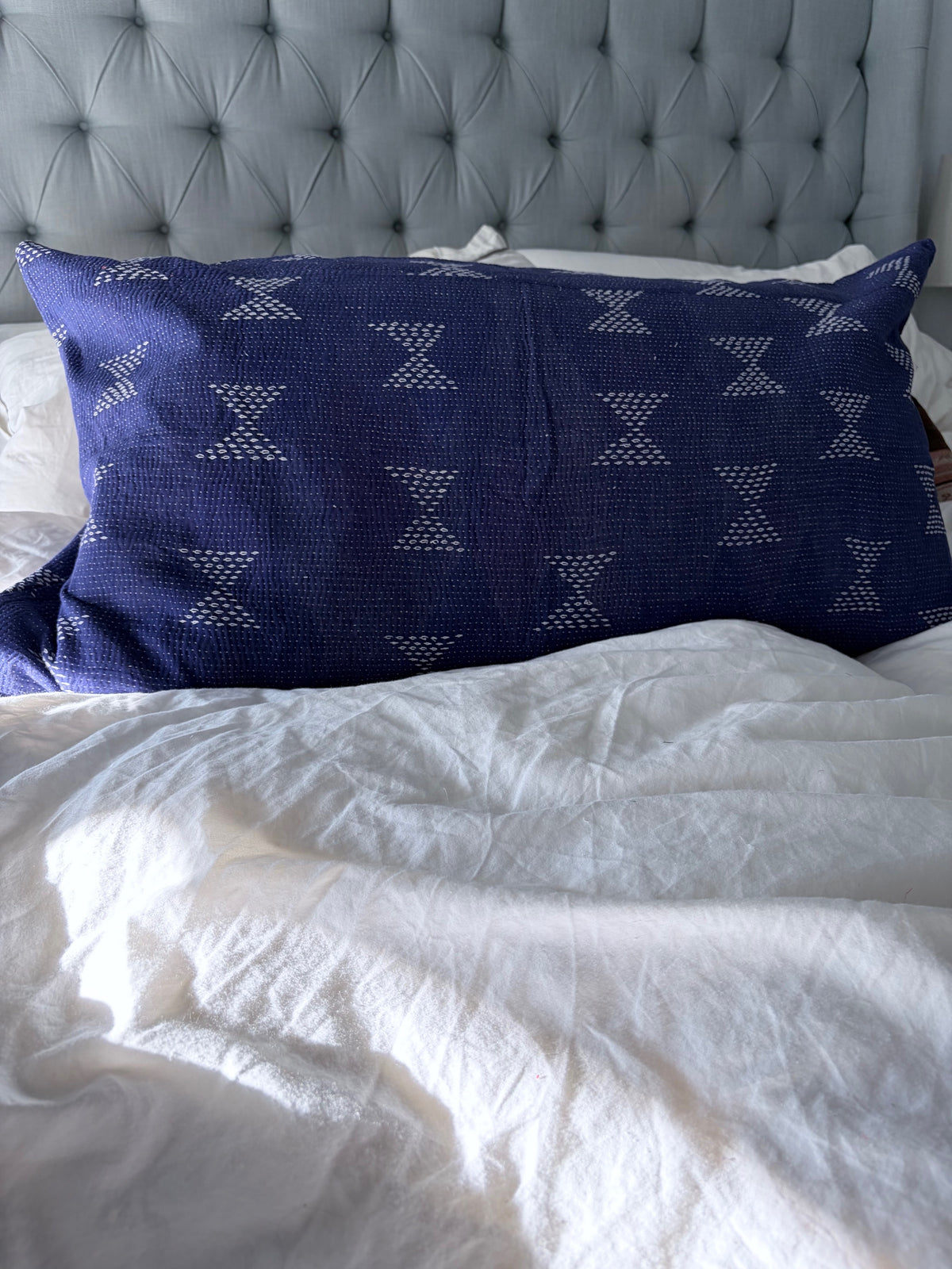 Vintage Kantha Lounge Pillow Embroidered Blue 