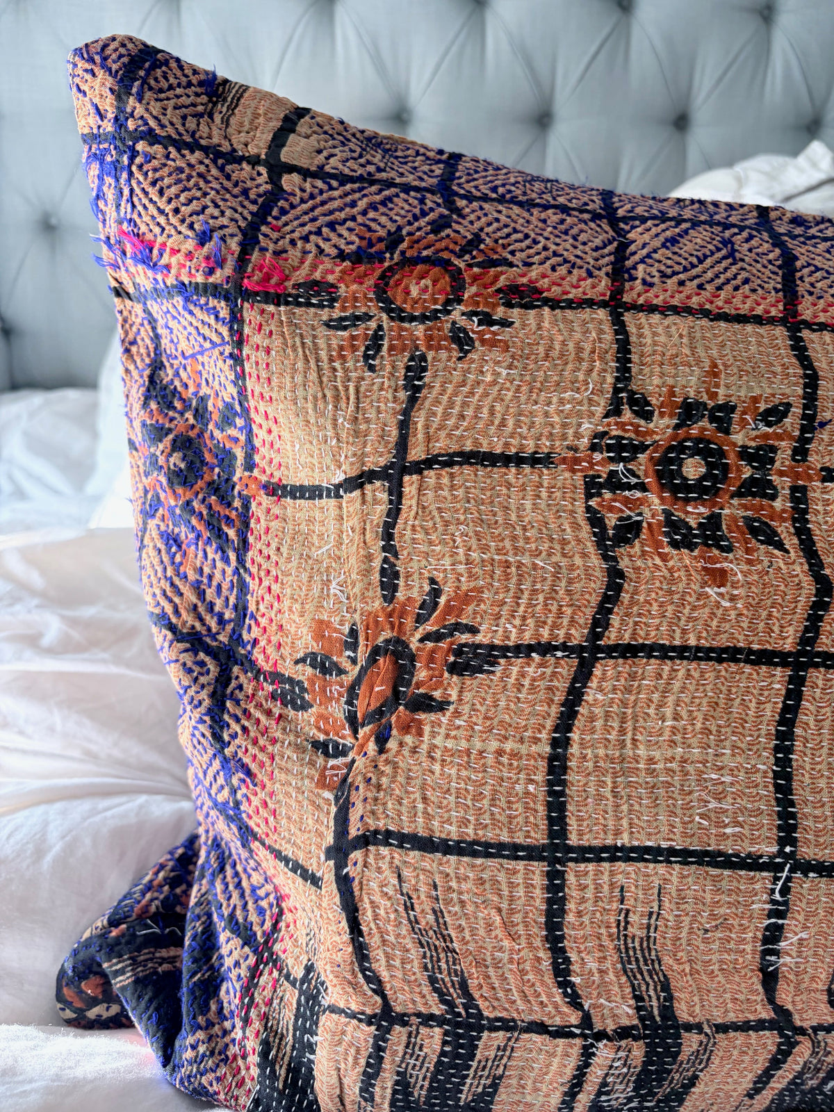 Vintage Kantha Lounge Pillow Indigo & Peach 
