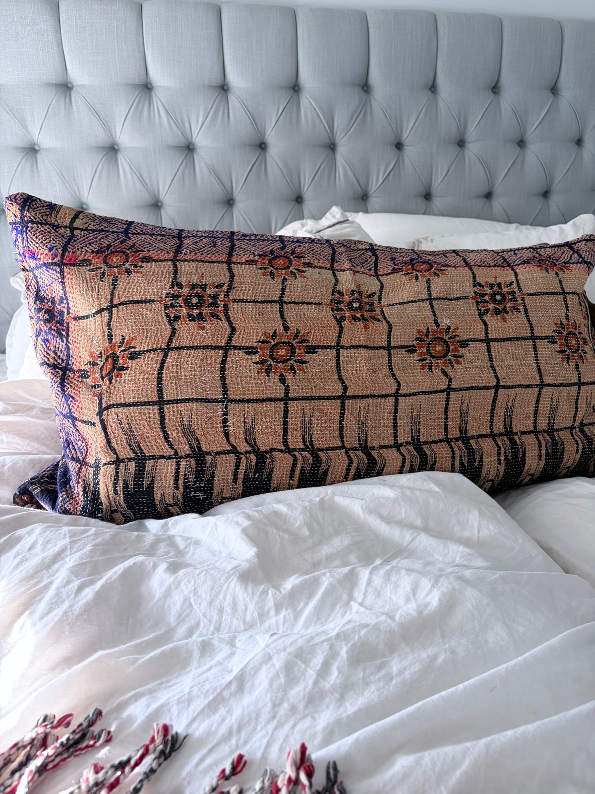 Vintage Kantha Lounge Pillow Indigo & Peach 