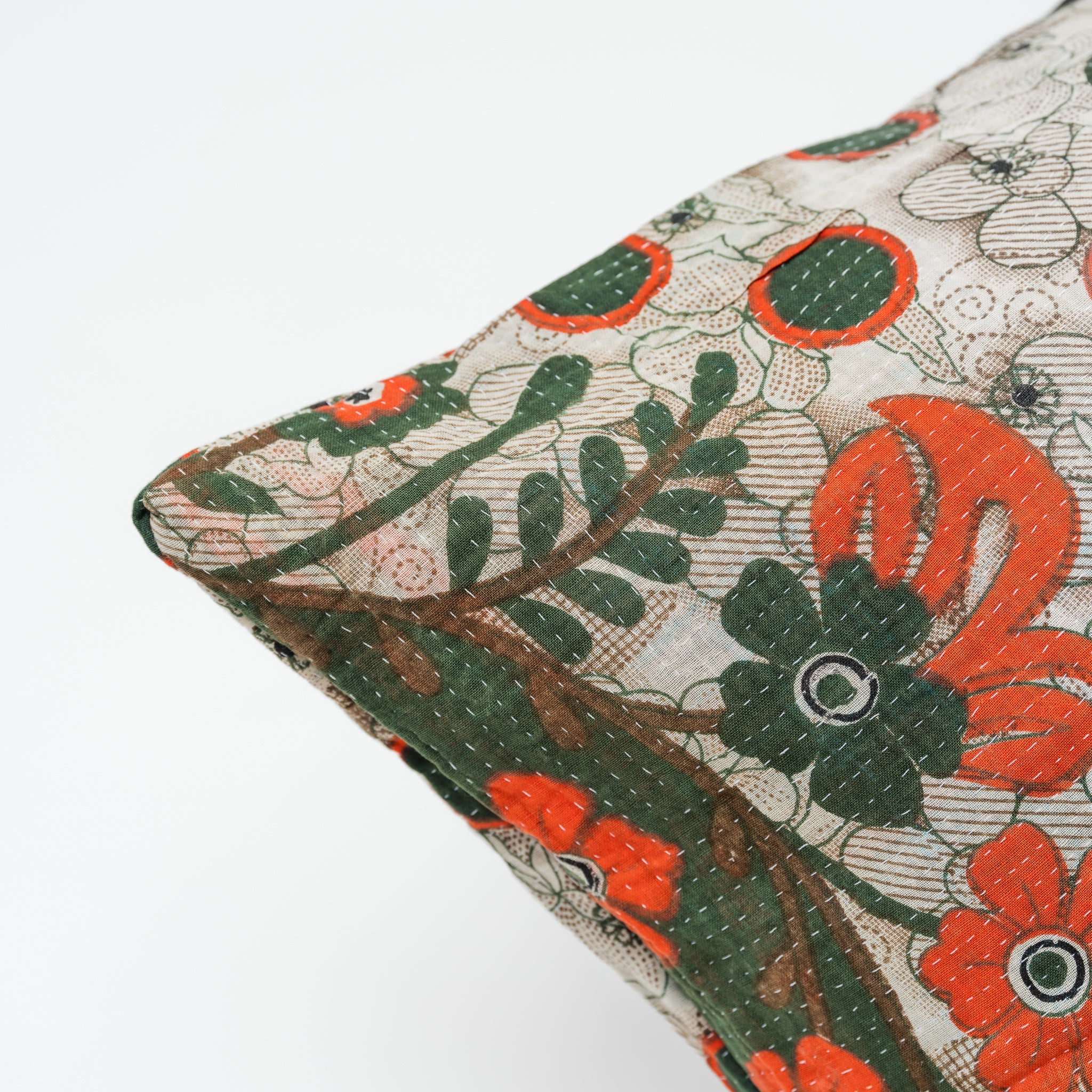 Vintage Kantha Lounge Pillow Olive Flowers 