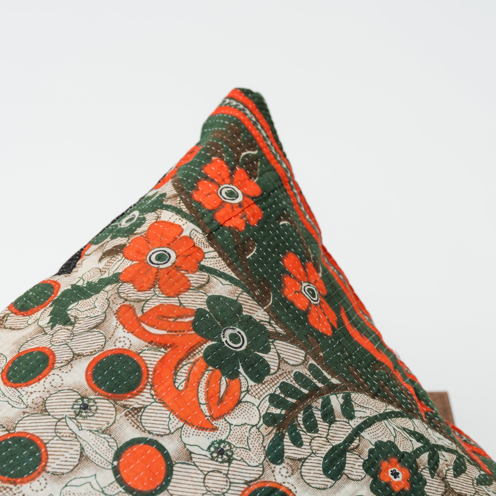 Vintage Kantha Lounge Pillow Olive Flowers 