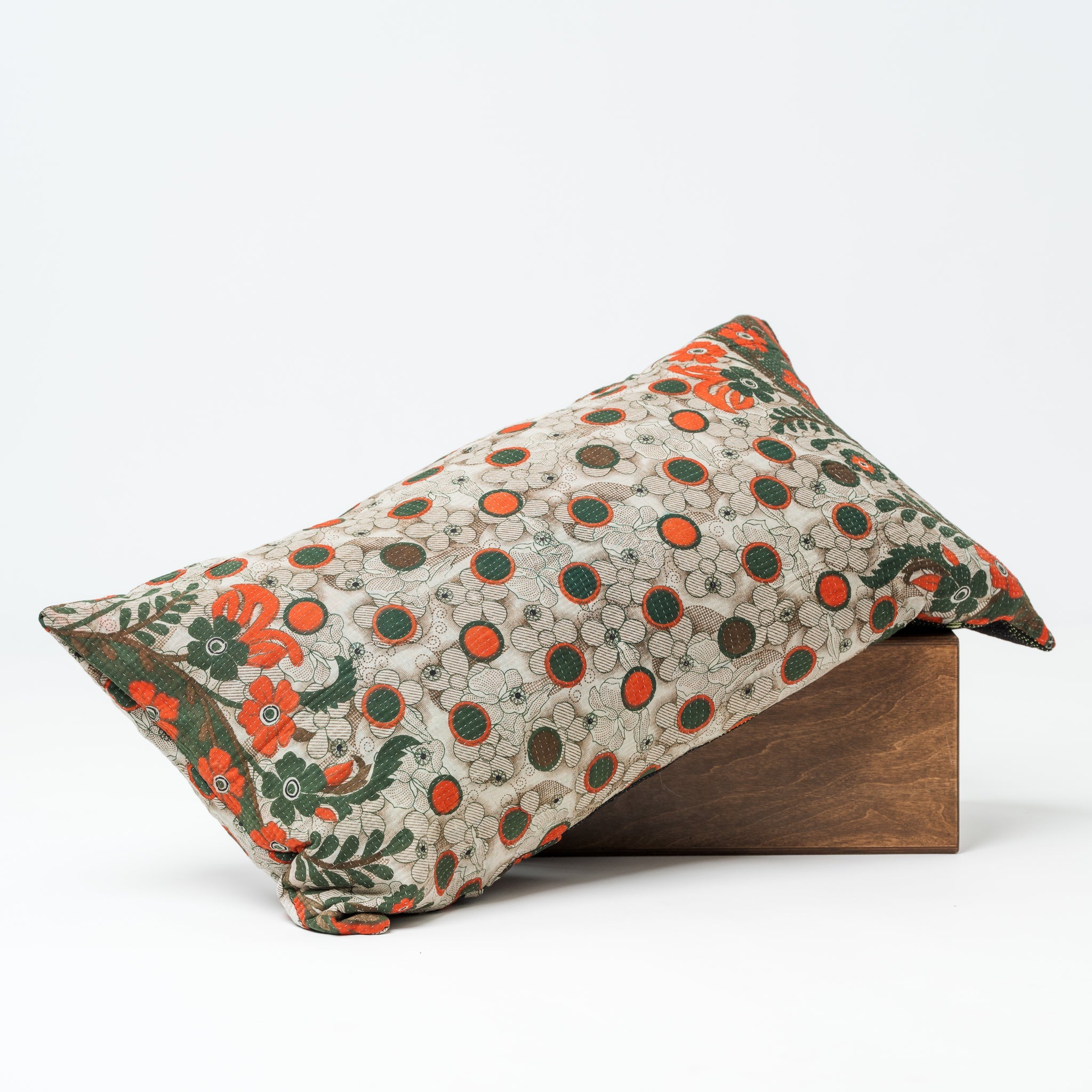 Vintage Kantha Lounge Pillow Olive Flowers 