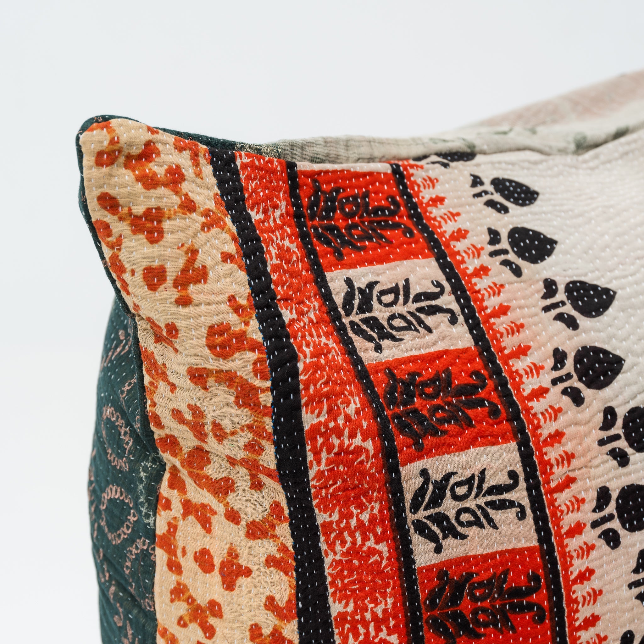 Vintage Kantha Lounge Pillow White on Red 