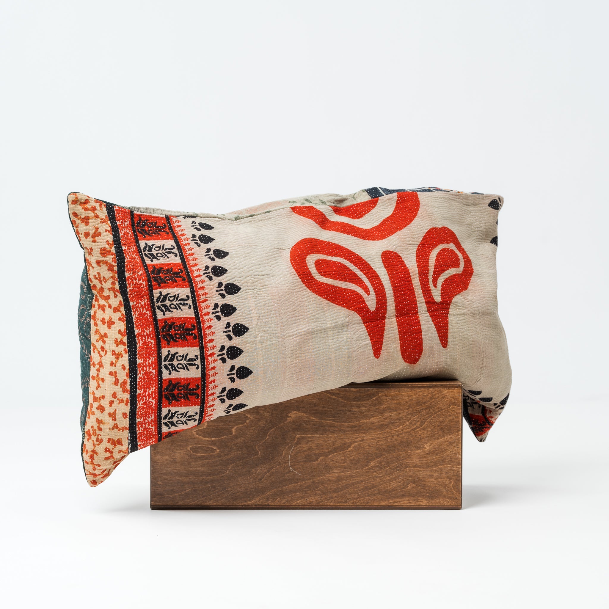 Vintage Kantha Lounge Pillow White on Red 