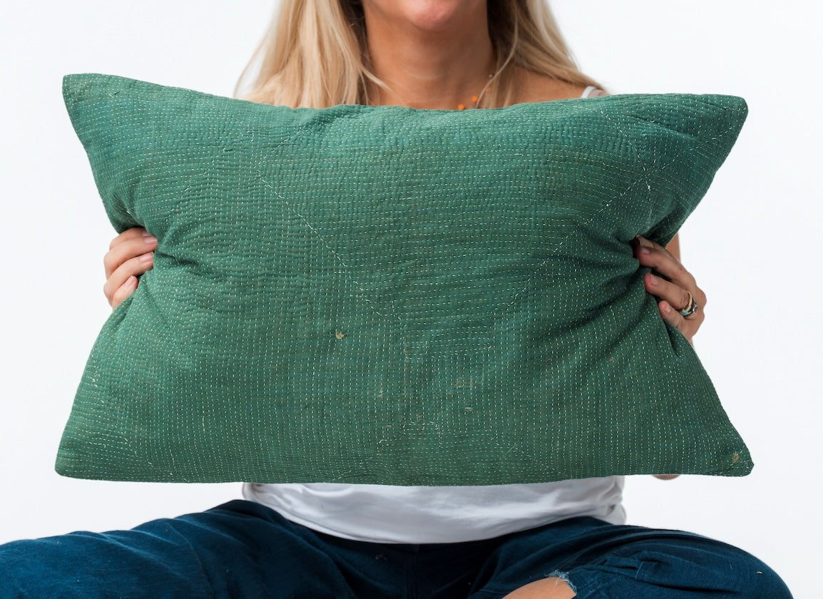 Vintage Kantha Pillow Green Stitch 