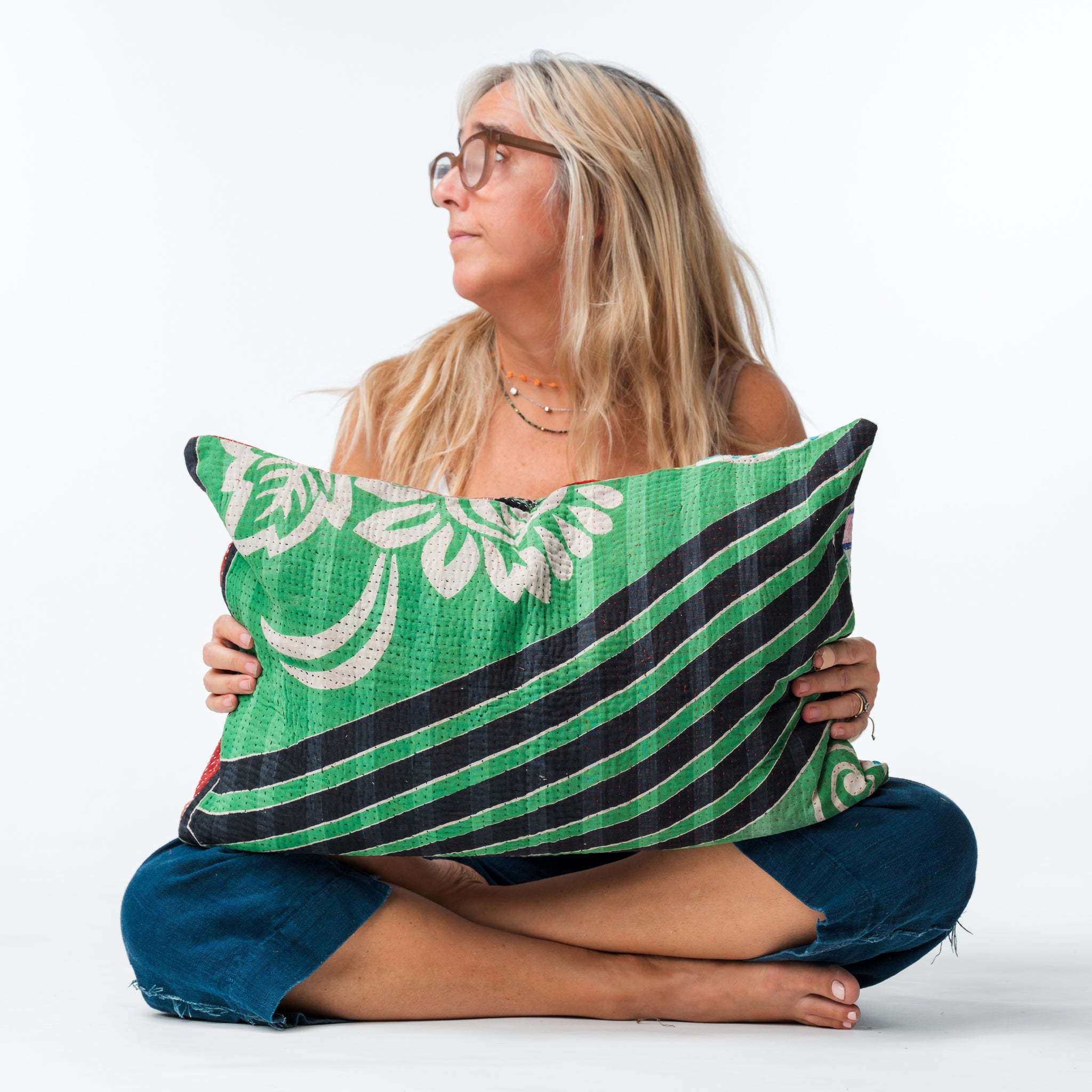 Vintage Kantha Pillow Greens 2 