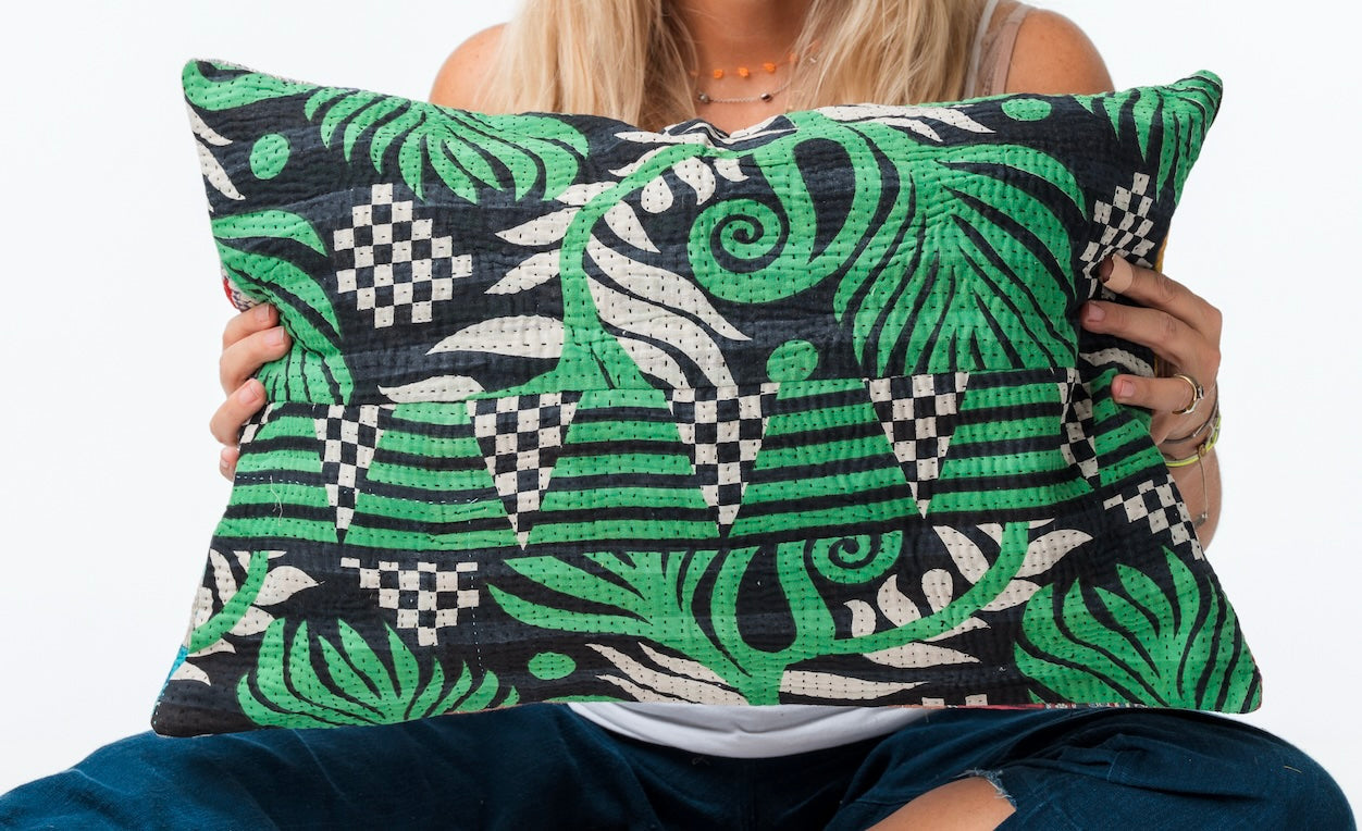 Vintage Kantha Pillow Greens 