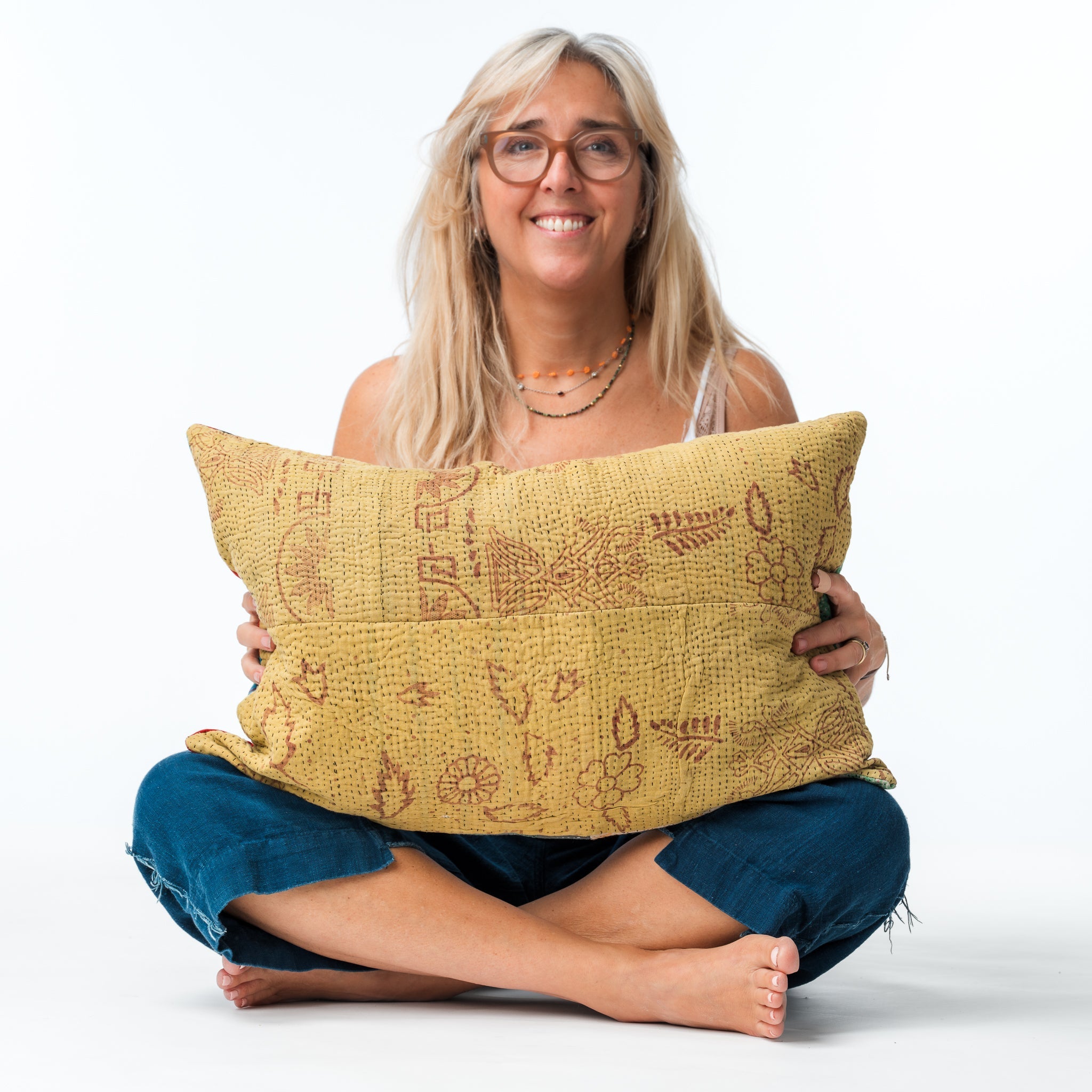 Vintage Kantha Pillow Mustard 