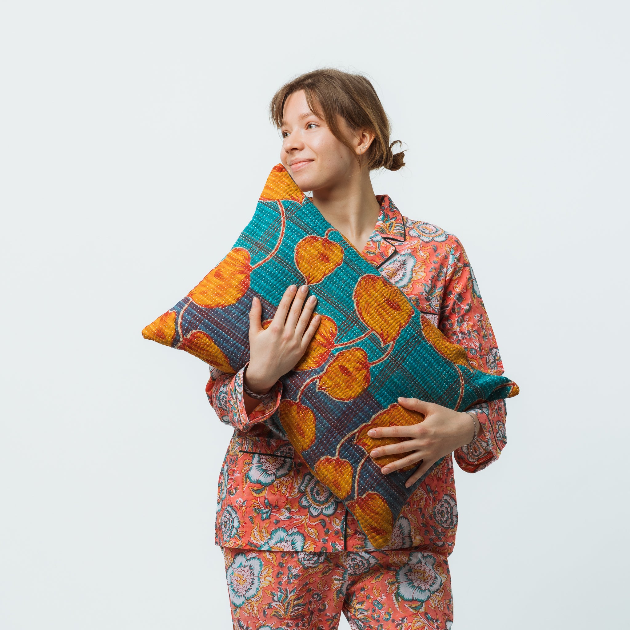 Vintage Kantha Pillow Orange Star Flower 2 