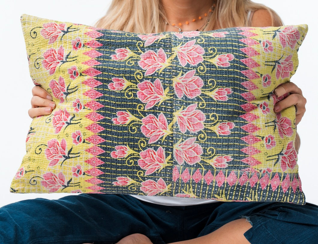 Vintage Kantha Pillow Pink Flowers 