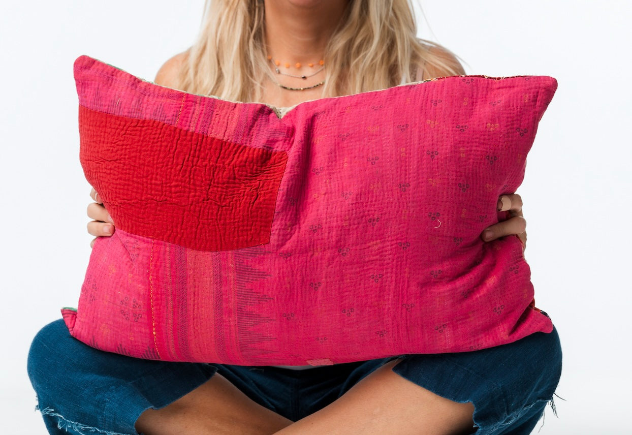 Vintage Kantha Pillow Pink Red 