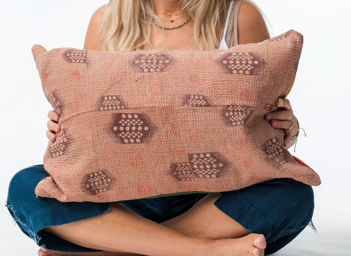 Vintage Kantha Pillow Printed Pinks 