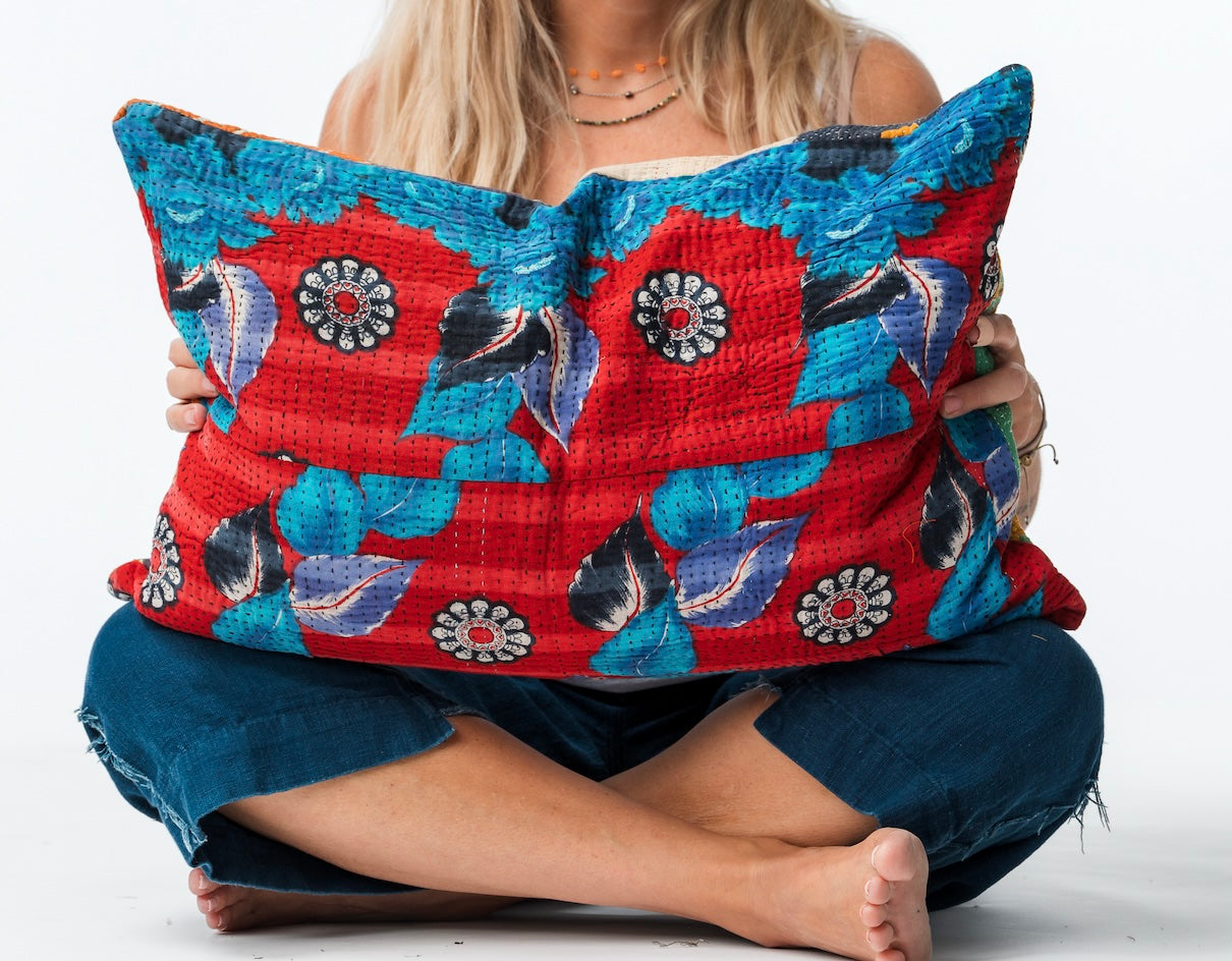 Vintage Kantha Pillow Red & Blue 