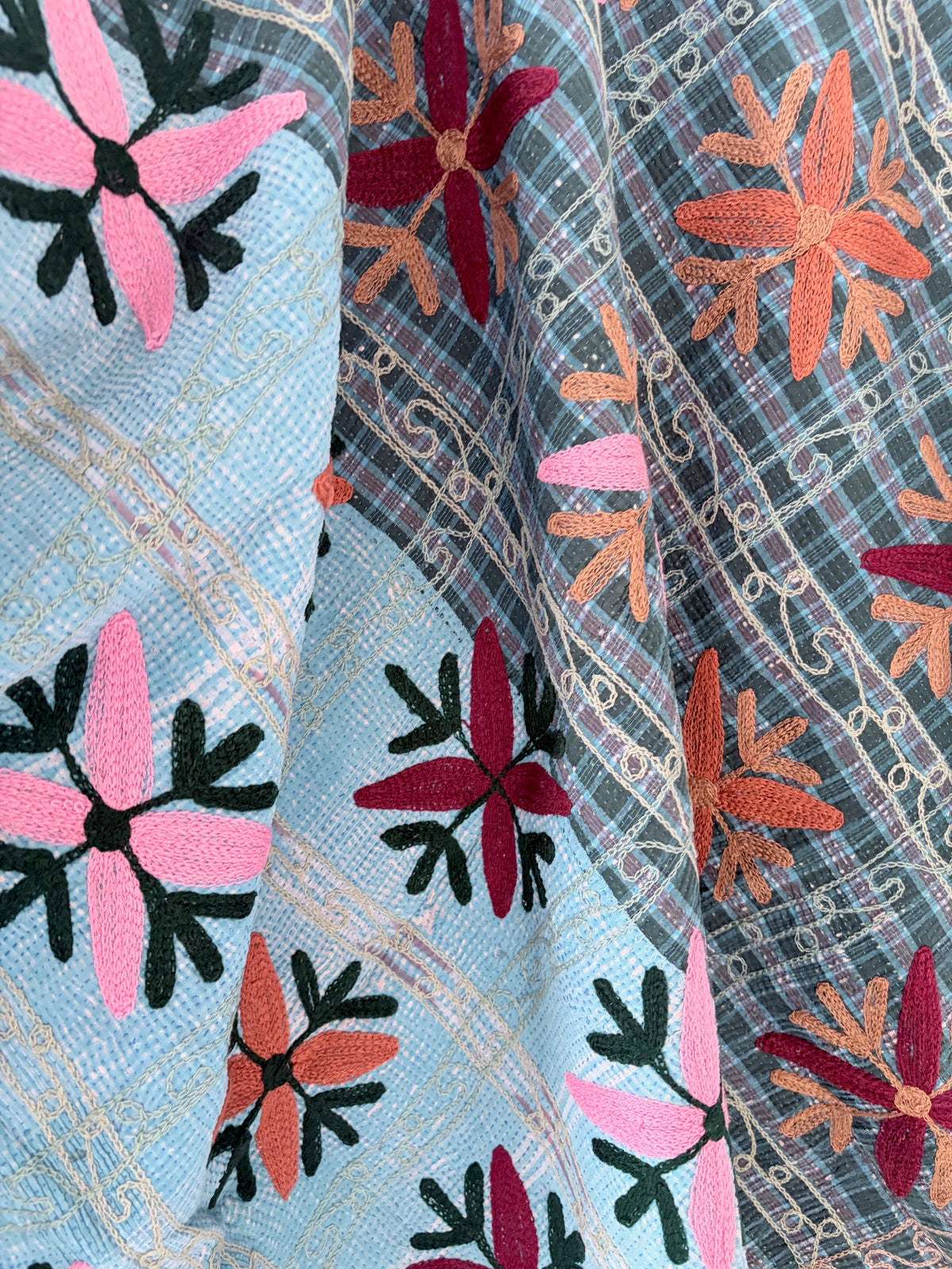 Vintage Kantha with Suzani Embroidery Throw Green and Blue 