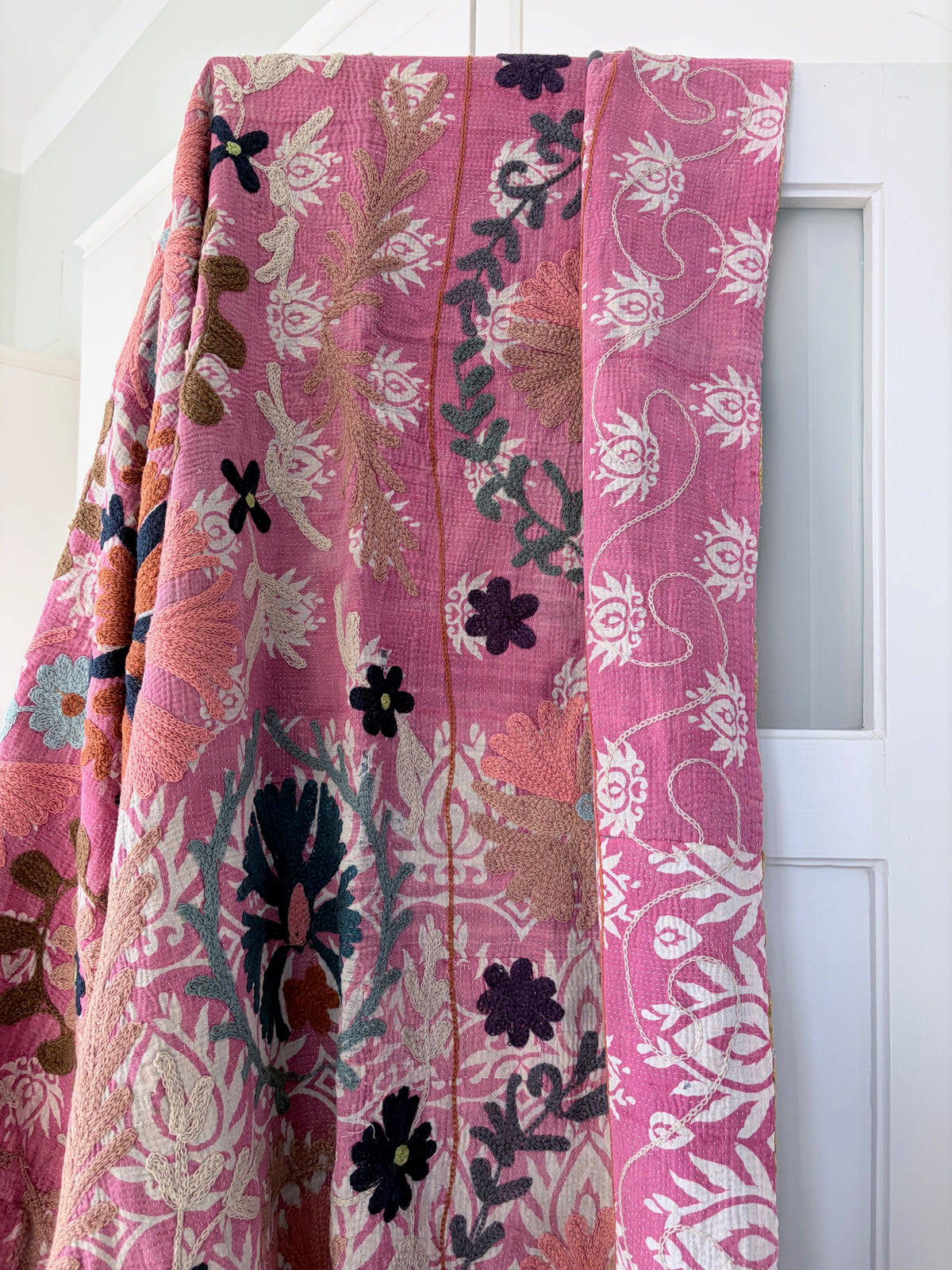 Vintage Kantha with Suzani Embroidery Throw Pinks 