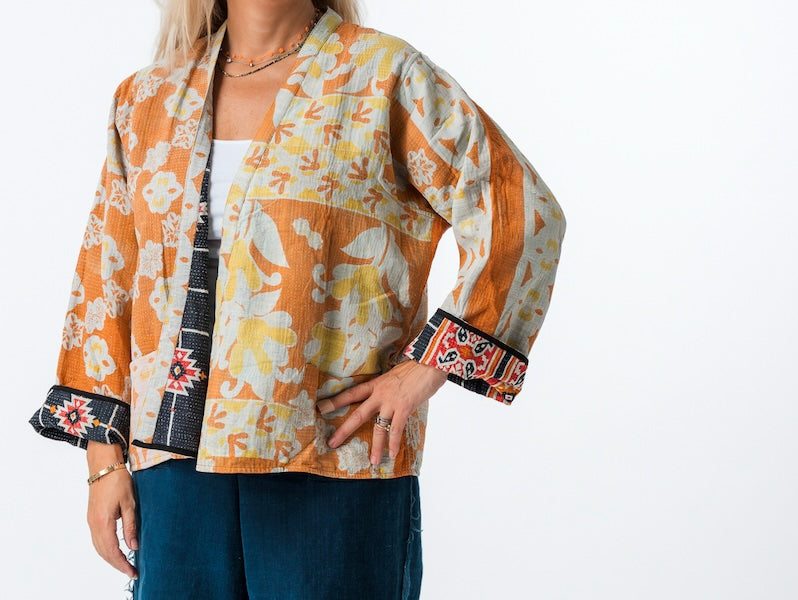 Vintage Quilted Kimono Coat Orange Beige 