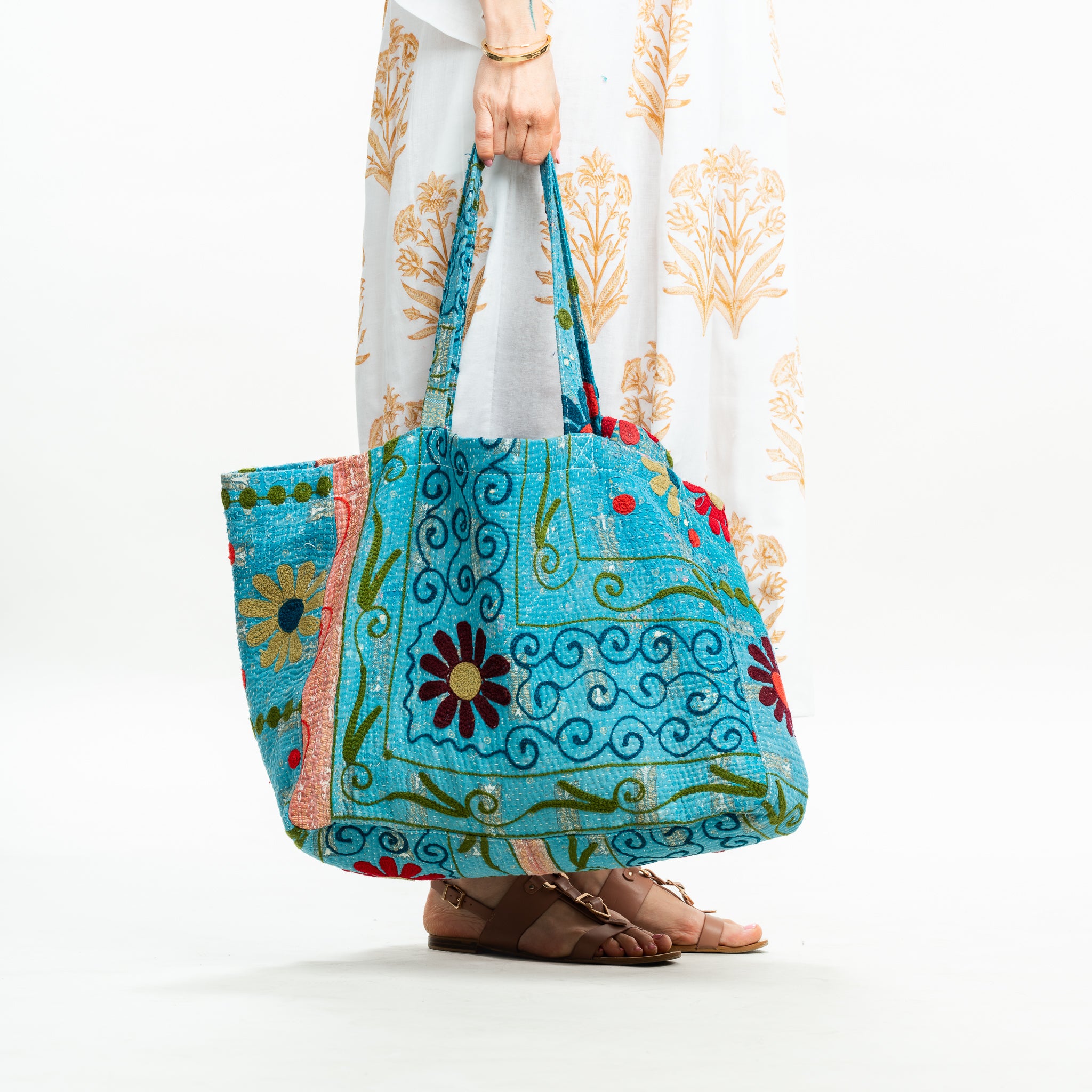 Vintage Suzani Embroidered Beach Bag turquoise