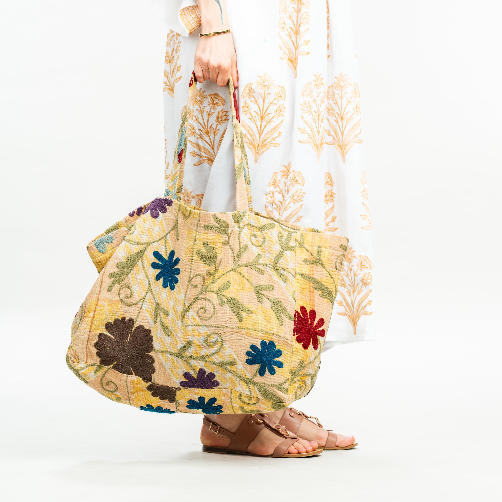 Vintage Suzani Embroidered Beach Bag Yellow