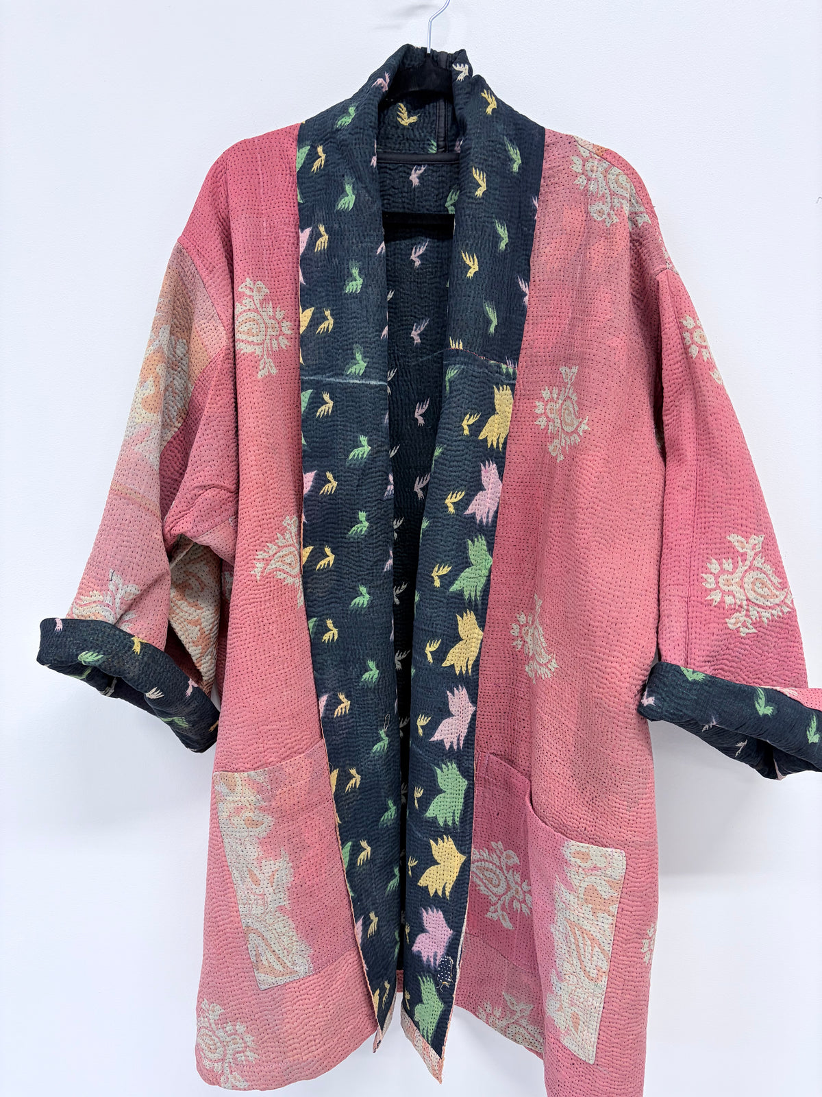 Reversible Upcycled Kantha Car Coat Faded Pinks